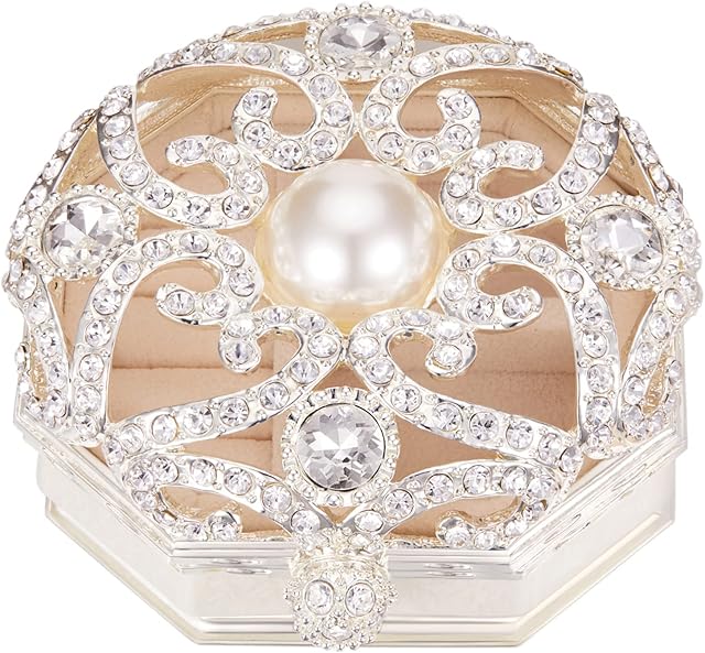BEATURY NEST Trinket Boxes For Women, Vintage Jewelry Box, Small Trinket Box for Girls, Small Earring Box, Crystal Ring Organizer, Antique Jewelry Case, White Jewelry Box with Pearl and Rhinestone