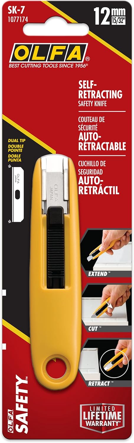 OLFA Self-Retracting Safety Utility Knife (SK-7) - Compact Multi-Purpose Semi-Auto Box Cutter w/Self Retractable Blade & Ergonomic Handle, Replacement Blades: OLFA SKB-7 Safety Blades