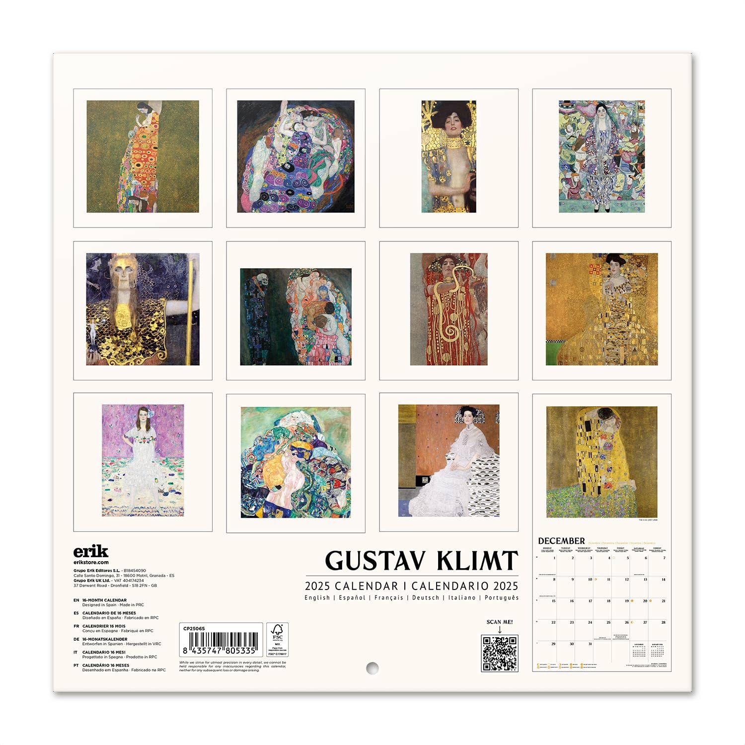 Calendrier Mural 2026 Gustav Klimt - Mensuel 30x60 Cm, Papier 140g, Multilingue, De Janvier à Décembre