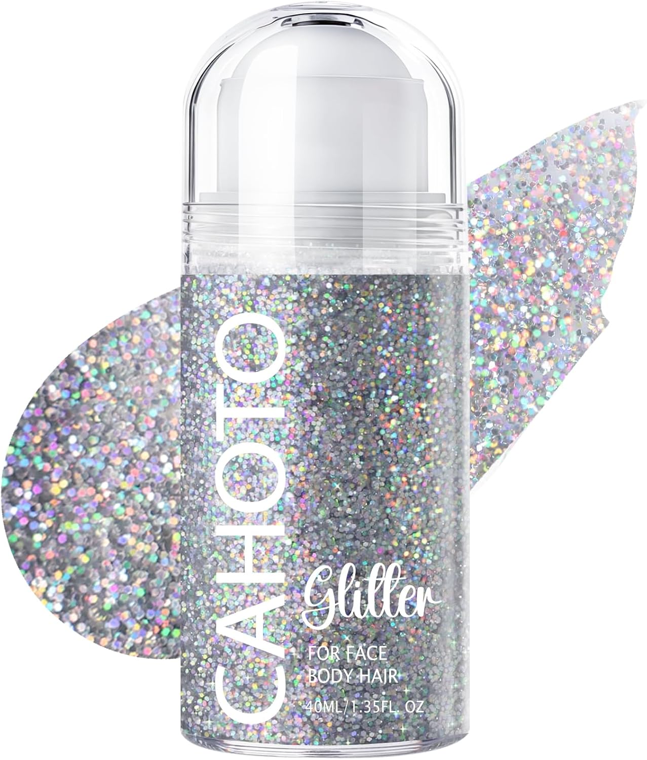 Silver Rolling Glitter for Face Body & Hair, Sparkling Holographic Shimmer, Roll-on Sequins for Singer Concert Rave Festival Halloween Party Carnival, 1.35fl.oz