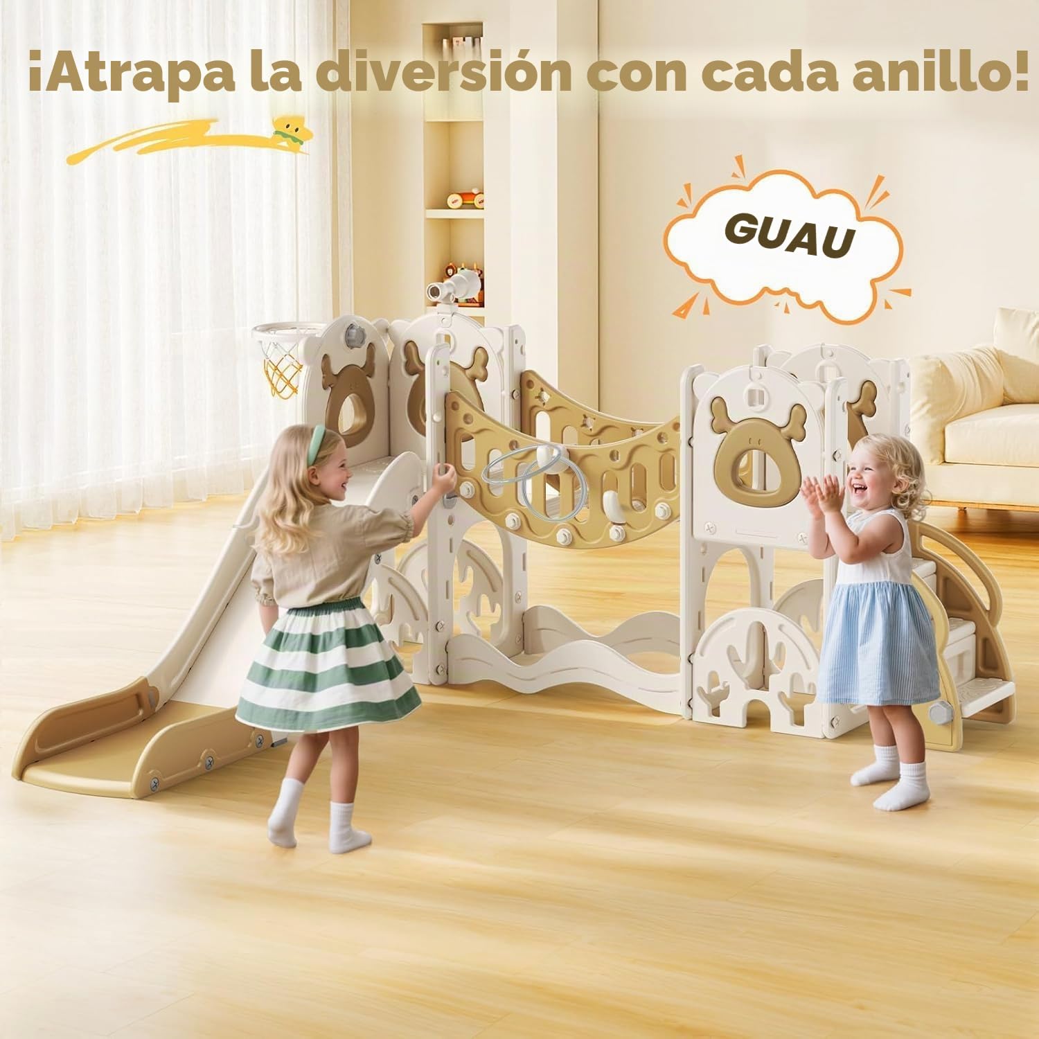Tobogán para niños, gran tobogán con canasta de baloncesto, estructura de escalada para el jardín, telescópico, espacio de almacenamiento, para niños de 1 a 3 años, extra largo 1700 mm (modelo Elk