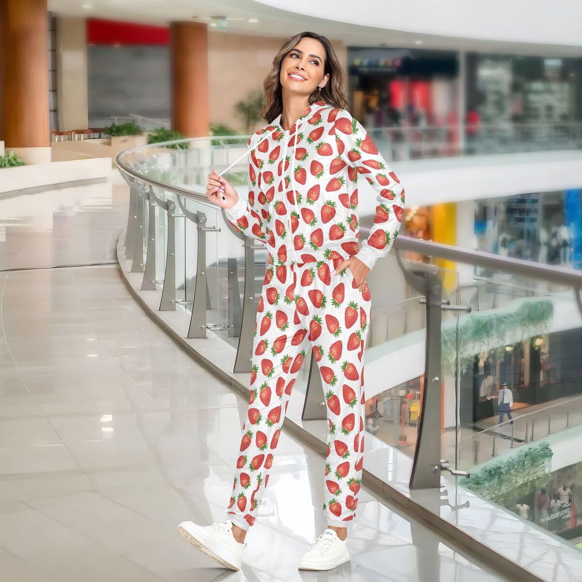 Conjunto deportivo de 2 piezas con estampado de fresas para mujer, conjunto deportivo de manga larga para verano