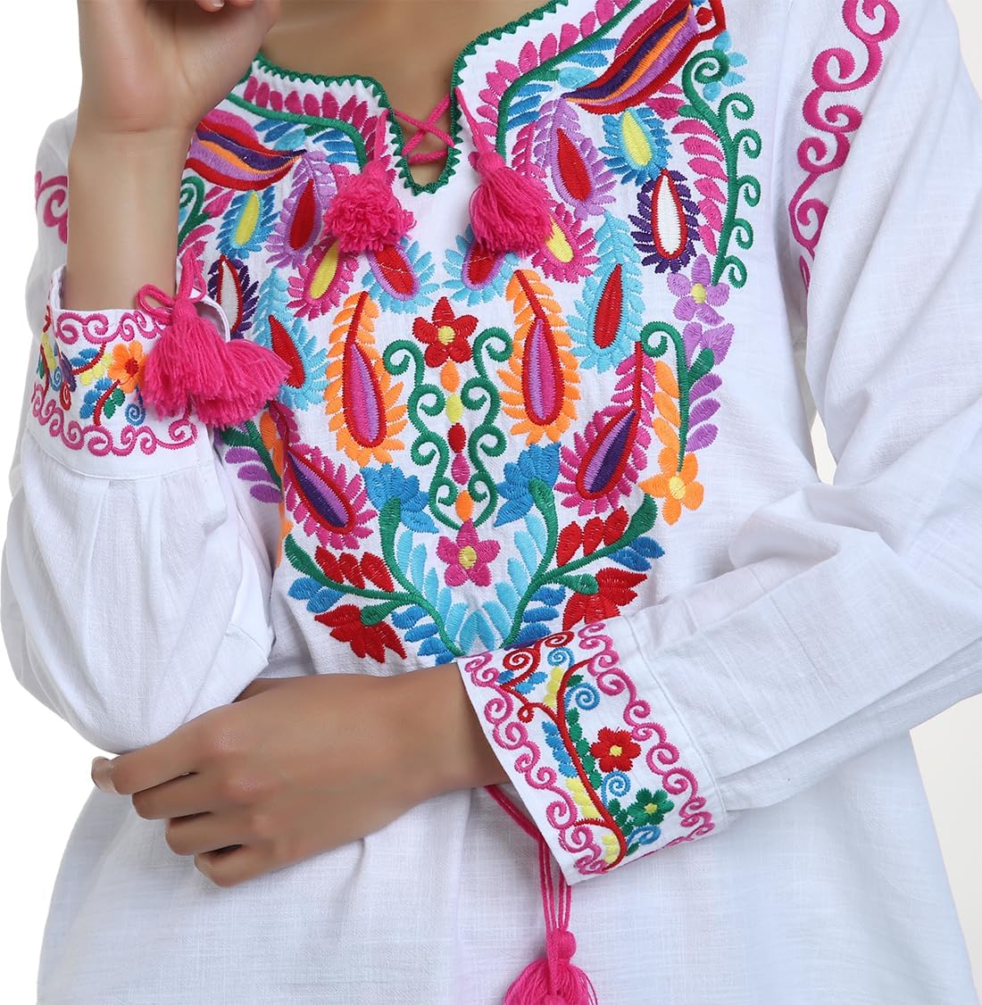 YZXDORWJ Women's Mexican Long Sleeve Blouse Embroidered Traditional V Neck Top Boho Tunic - Image 7