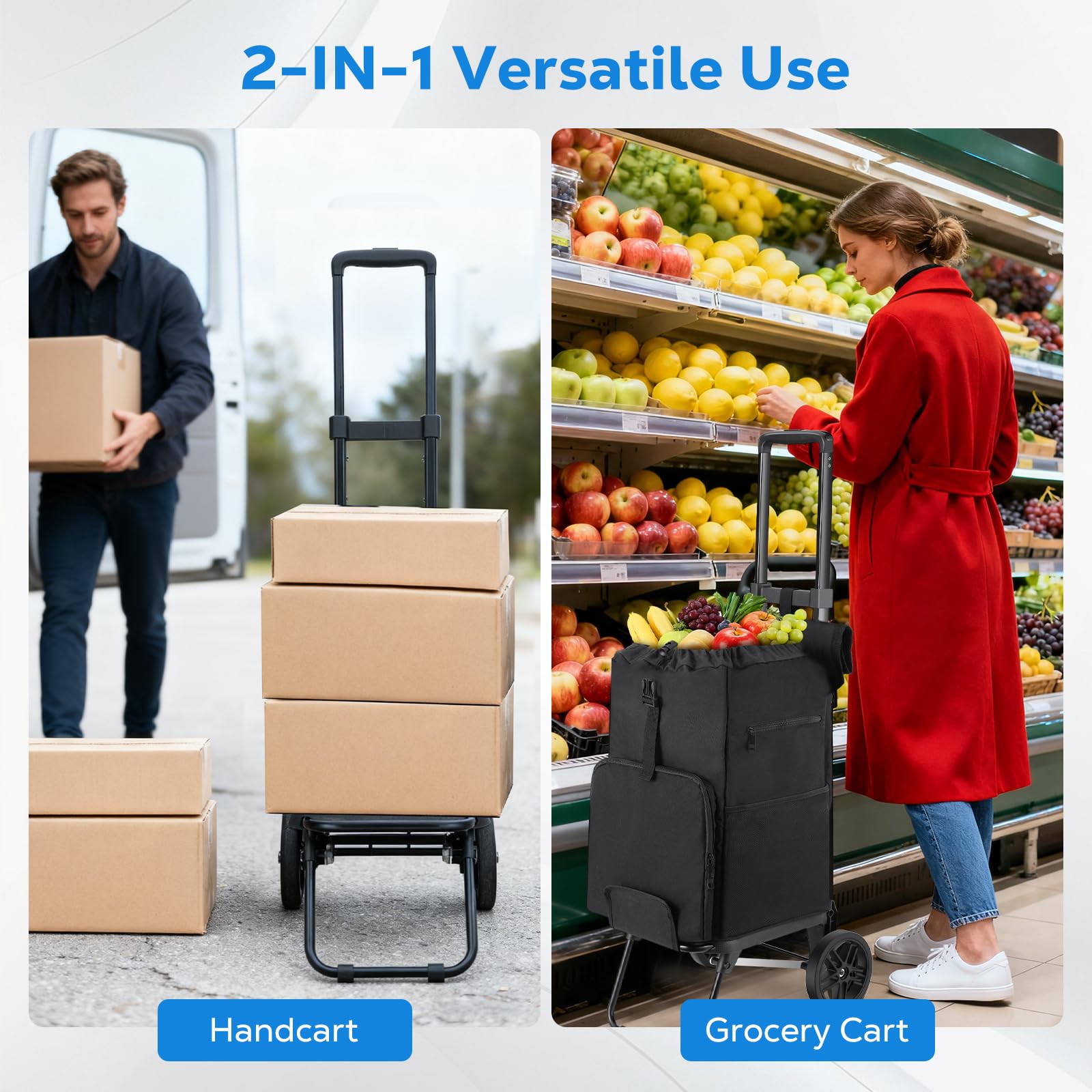 Housolution Einkaufstrolley Klappbar, 46L/136KG Kapazität Einkaufswagen Einkaufstasche mit Rollen, 2 in 1 Faltbarer Sackkarre Hackenporsche für Einkäufe und Reisen