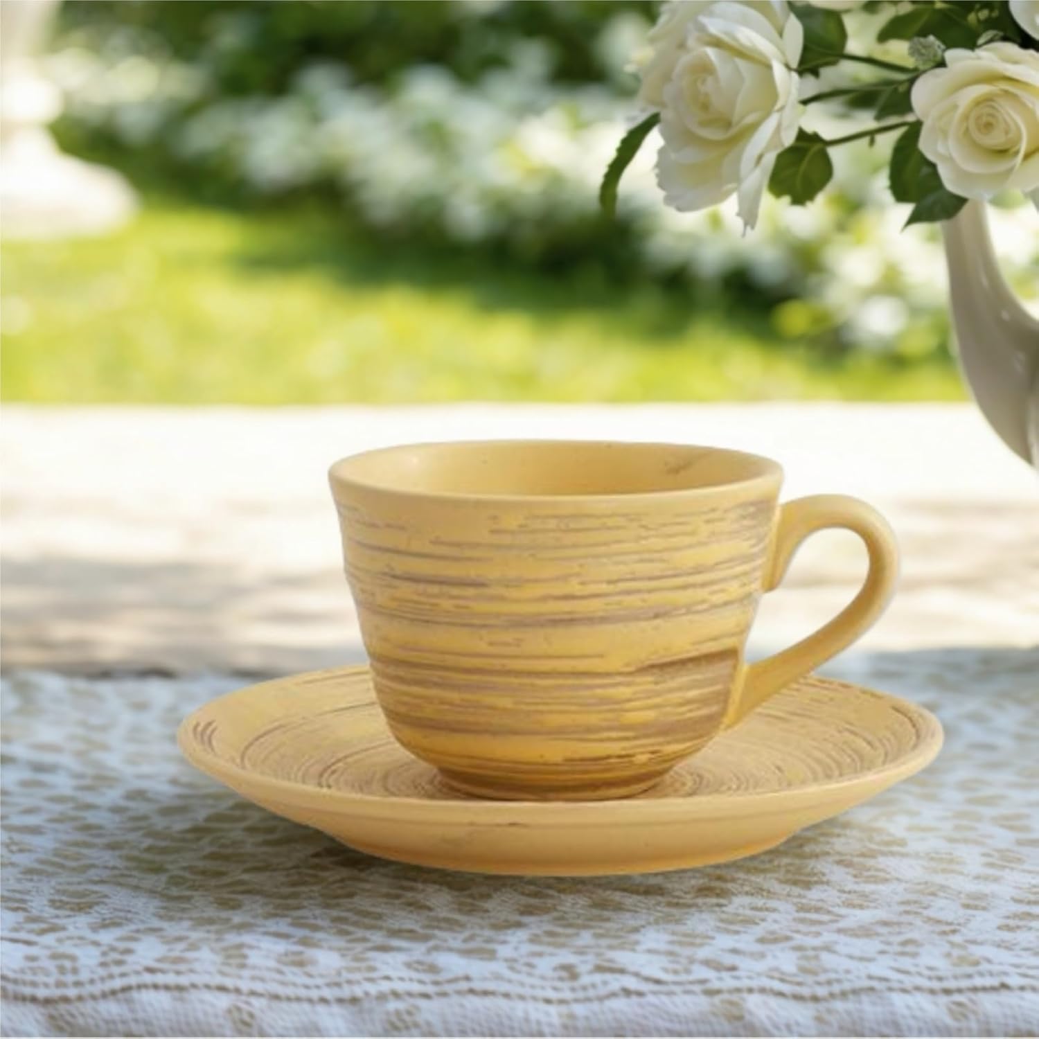 Striped Stoneware Coffee Cup with Saucer - 7.4oz Retro Ceramic Mug, Nature-Inspired Glaze, Microwave & Dishwasher Safe, for Latte Cappuccino Tea, Japanese Minimalist (Yellow)