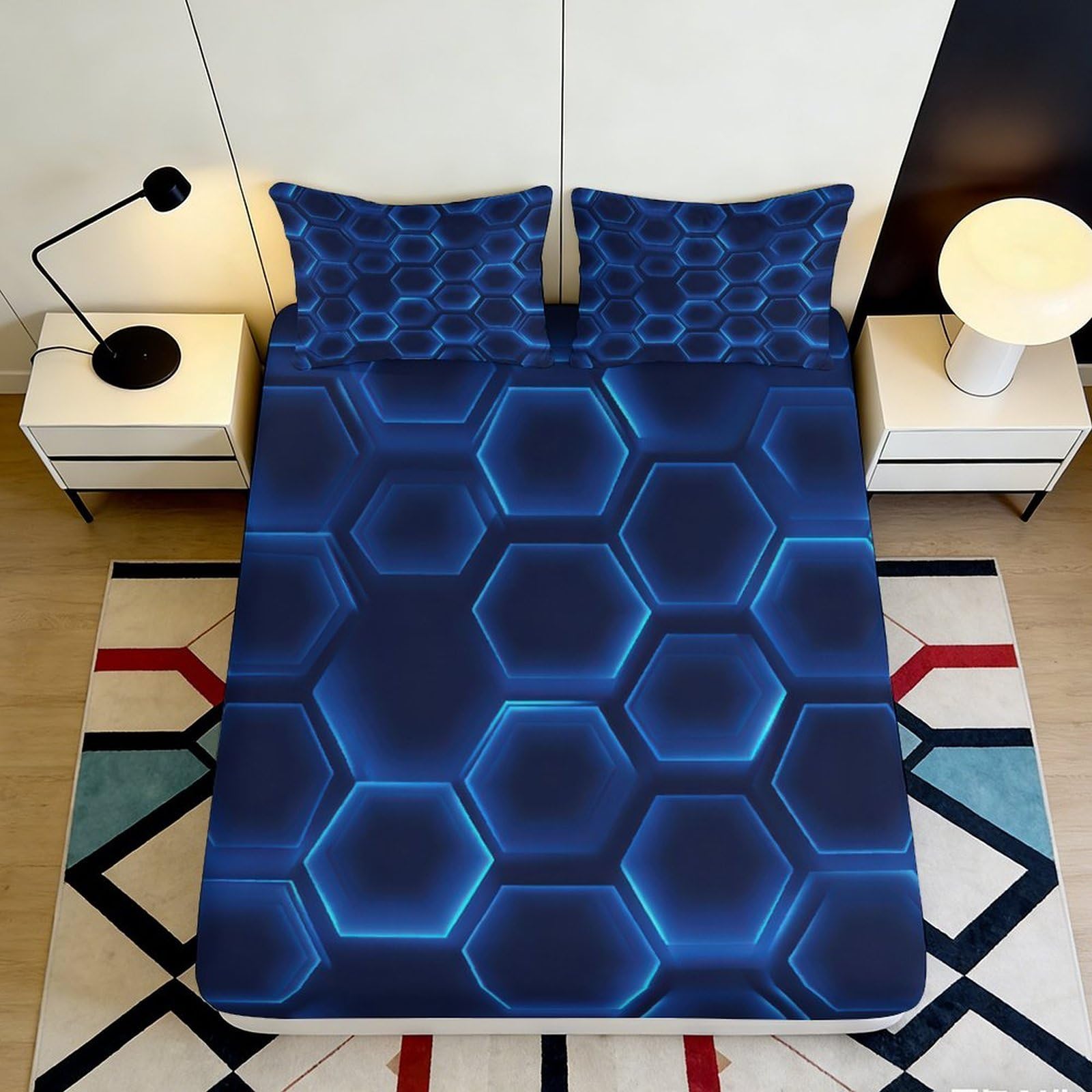 Uxinyoume Style-6 3D Printed Blue Hexagon Pattern Fitted Sheet Microfiber Modern Geometric Mattress Cover Bedroom Dorm Decor 90X200x25cm