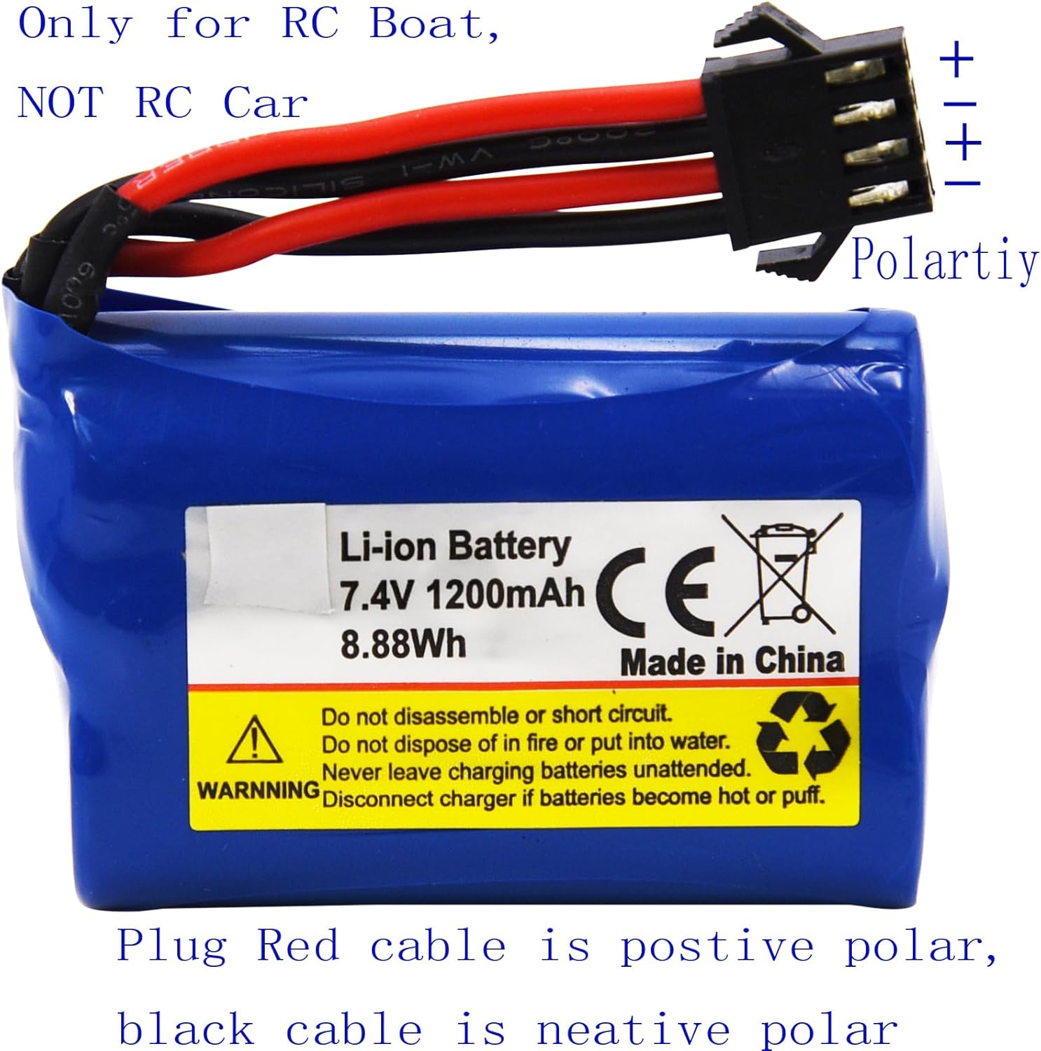 Blomiky 2 Pack 7.4V (2 x 3.7V) 1100mAh Li-ion Rechargeable Battery with SM-4P Connector Plug and USB Cable Replacement fit for HONGXUNJIE HJ808 HJ823 2.4GHz RC Boat / HJ808 Battery 2