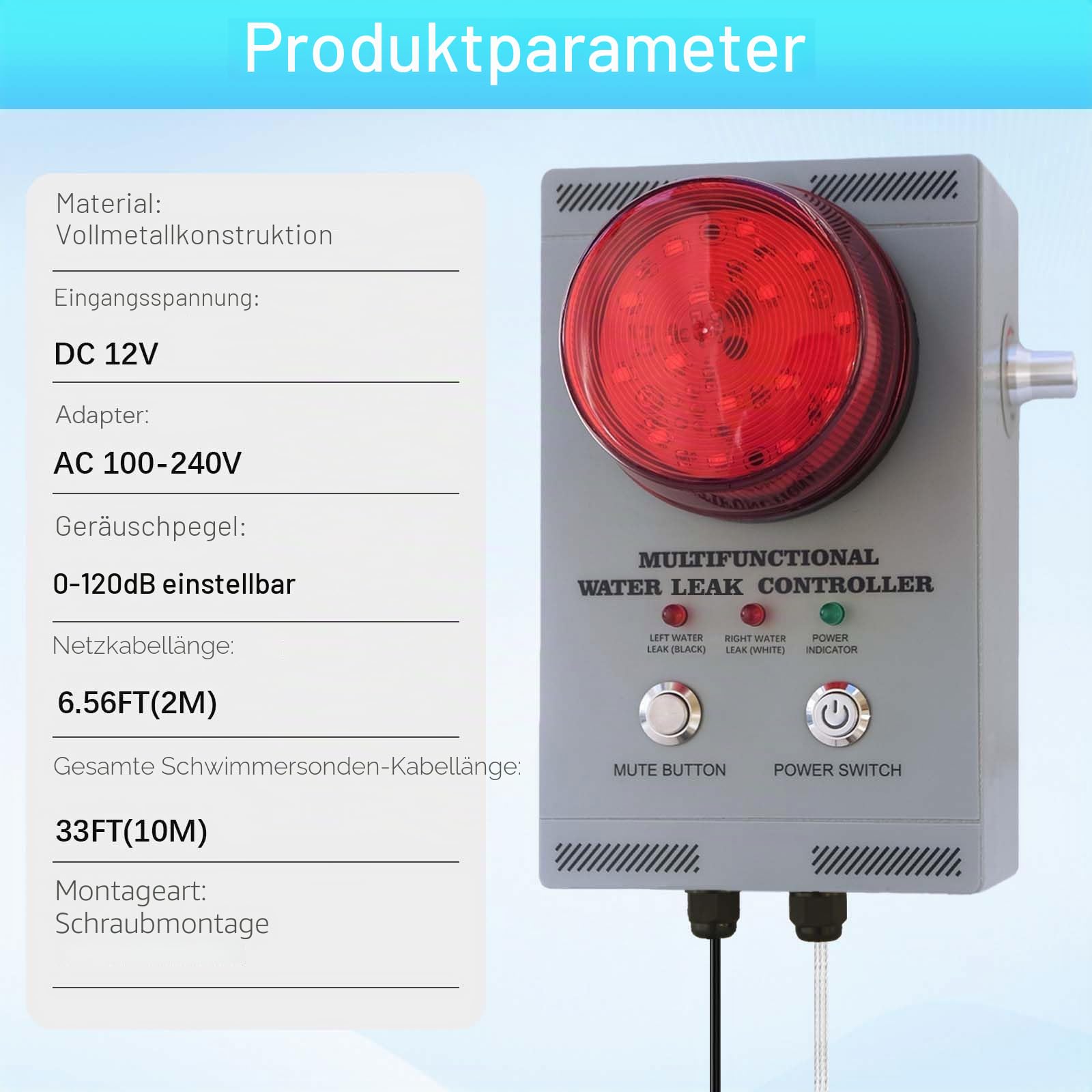 Professioneller Wasseralarm, Leckwächter mit zwei Sensoren, 120 dB einstellbarer akustisch/visueller Alarm, 10 m Kabel, Vollmetall Industriequalität für Sumpfpumpen/Keller/Klärgruben/Fabrik/Lagerhalle