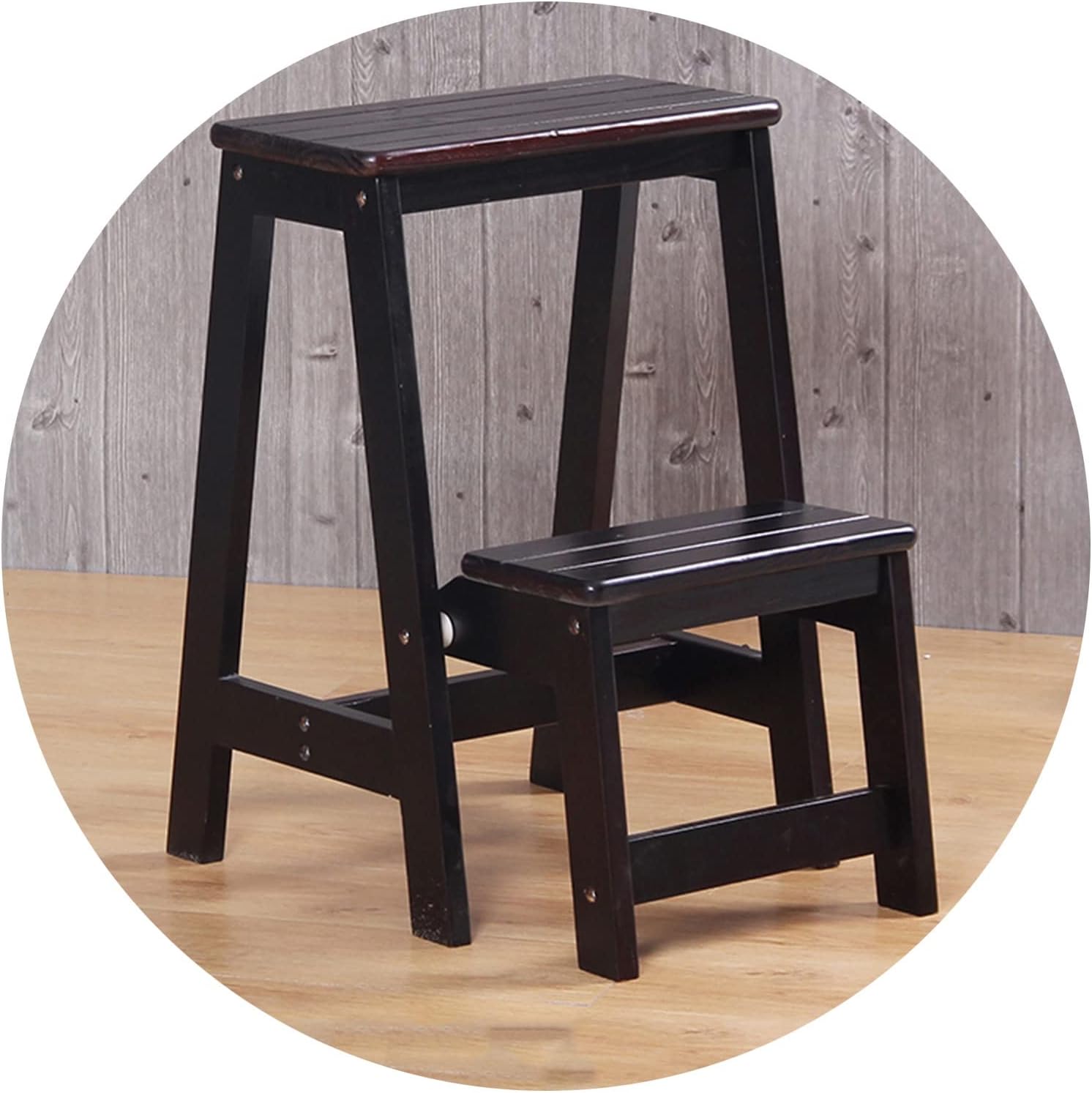 2-Step Ladder Stool, Folding Solid Wood Step Stool for Balcony Farm, Convertible Portable Home Storage Shelf Tool Ladder, High 55CM (Color : Walnut Color)