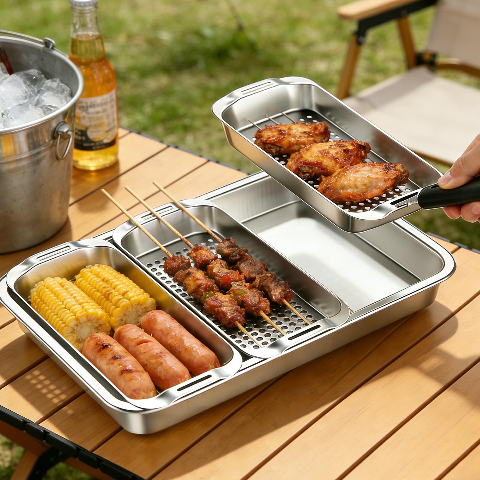 Panier à Barbecue en Acier Inoxydable Set, Panier à Légumes Barbecue avec Trous, Paniers de Grillades Avec Plateau de Service et Poignée Universelle, Accessoires BBQ Pour Poisson Viande Légumes