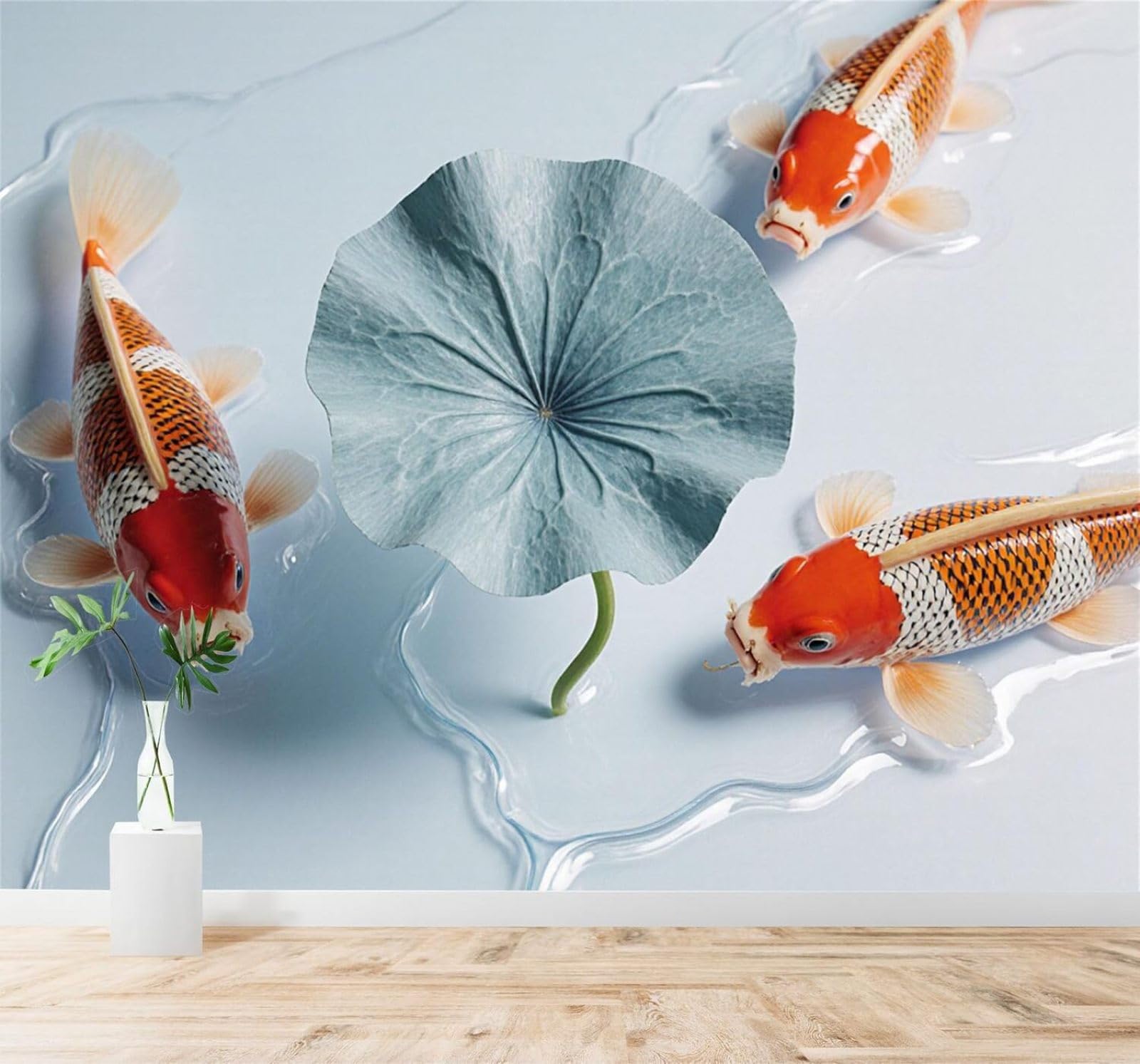 XLMING Three Dimensional Creative Blue Lotus Leaves Ripples Koi 3D Wallpaper Premium Textured Silk Study Dining Living Room Bedroom Sofa TV Wall Easy Install-400cm×280cm