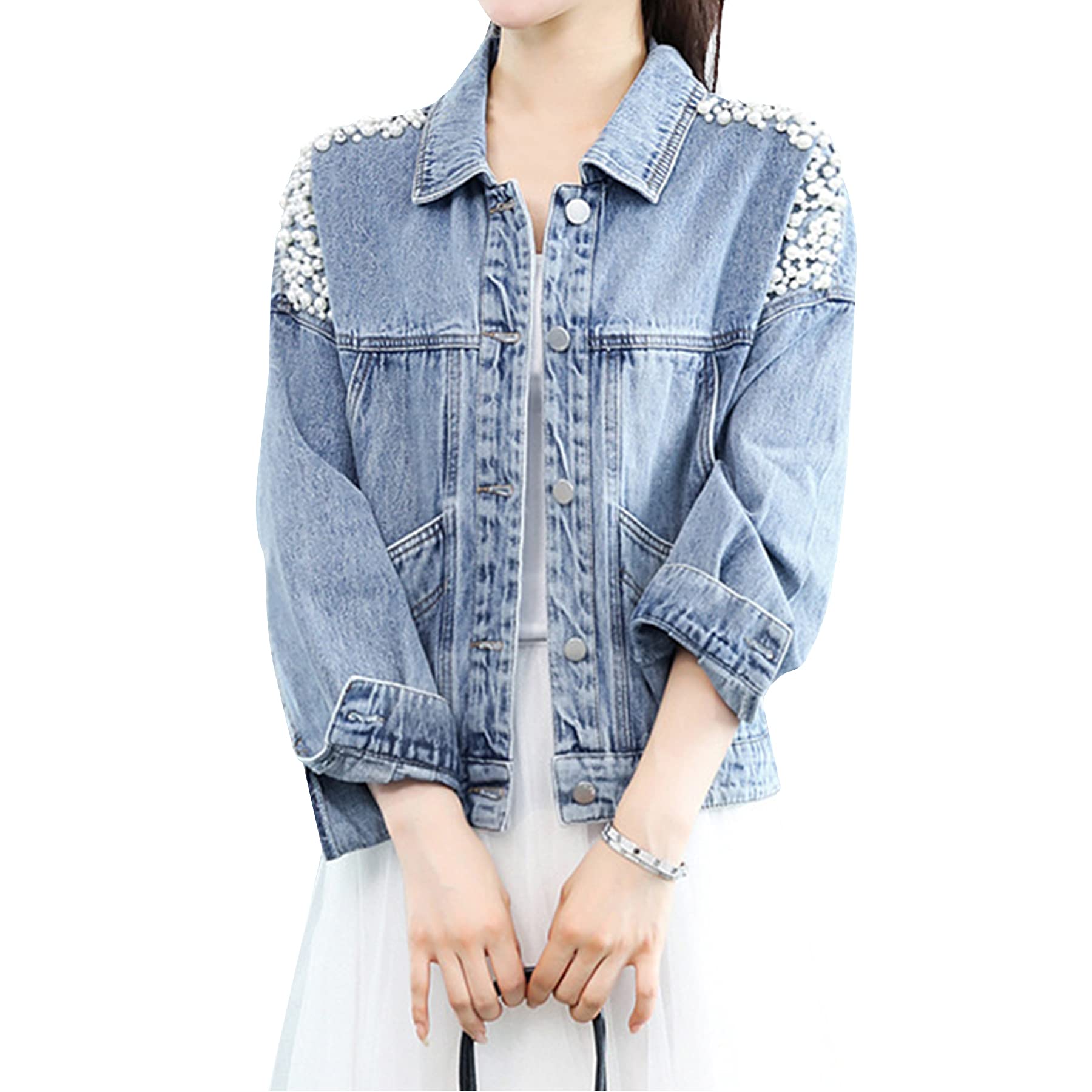 Ainangua Chaqueta de mezclilla recortada para mujer, de gran tamaño, desgastada, corta, bordada, para novia