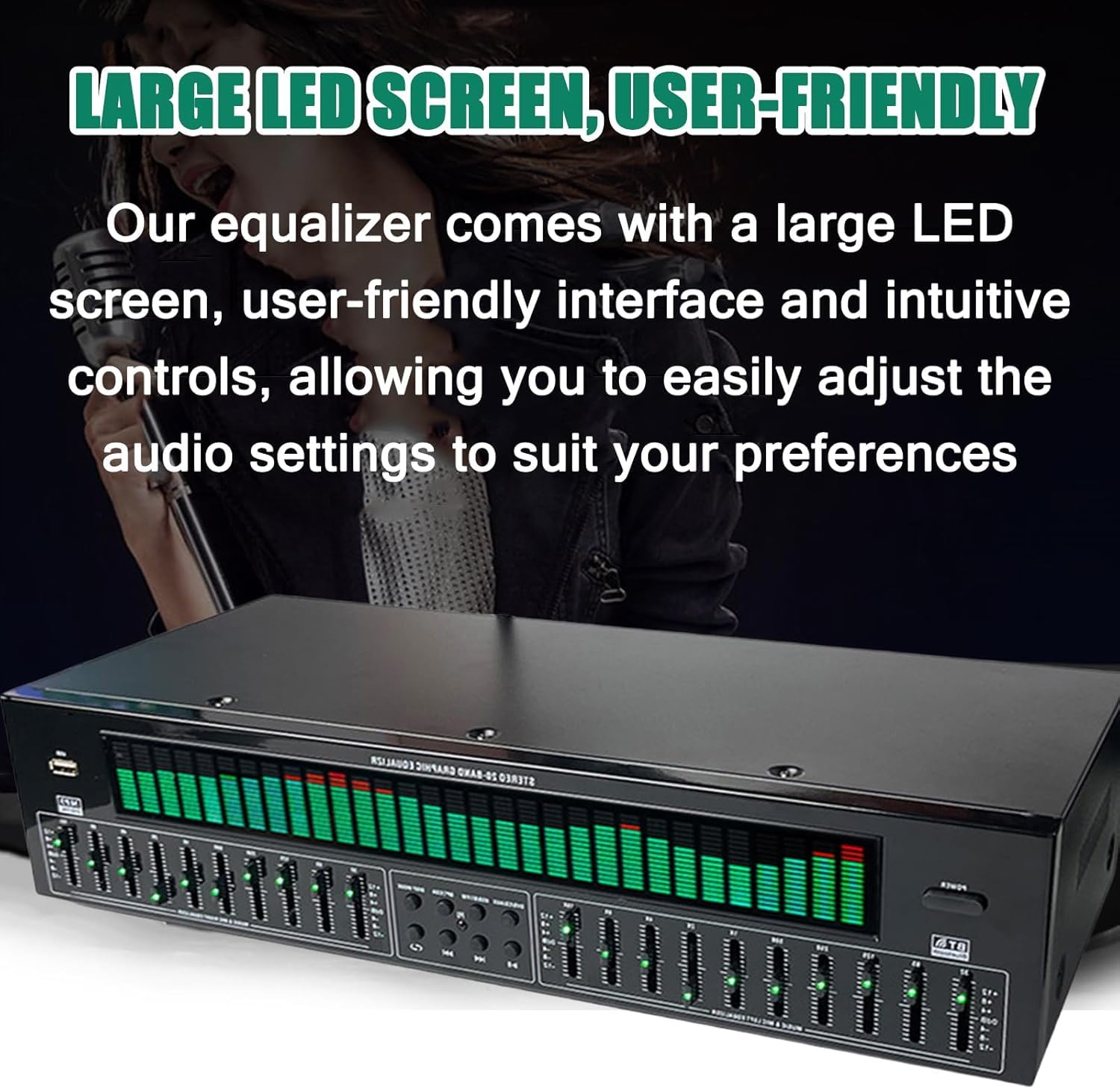 Égaliseur graphique numérique 31 bandes Hi-Fi avec affichage du spectre LED, Bluetooth, lecture USB, réduction du bruit, 12 modes de rythme pour home cinéma, audio de voiture et studio professionnel