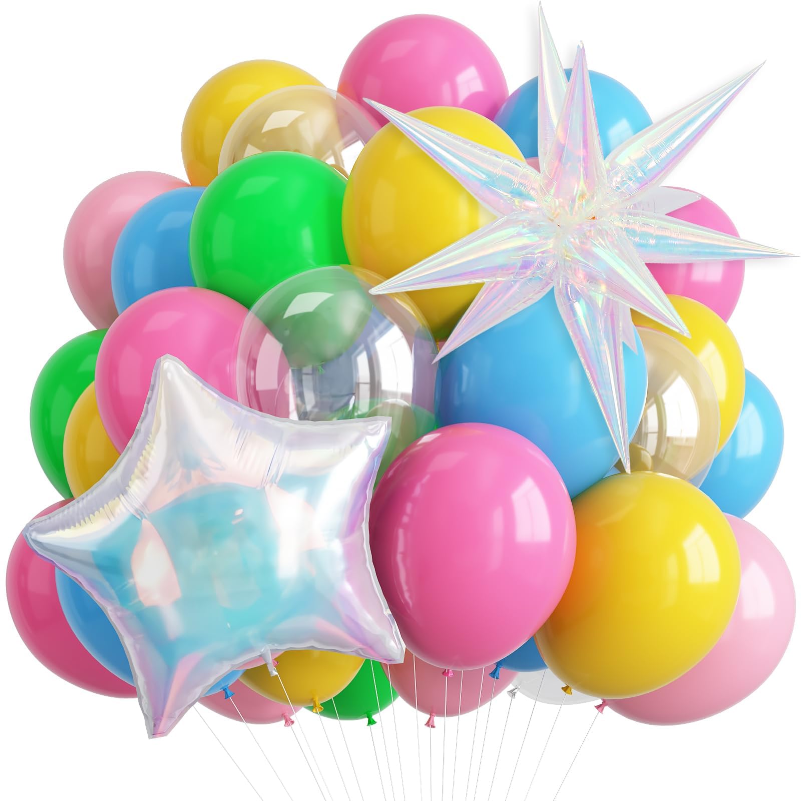 Rainbow Balloons, 12 Inch Multicolor Blue Green Pink Yellow Clear Latex Balloons with Star Foil Balloons for Girl Kid Summer Pool Birthday Baby Shower Wedding Beach Party Decorations. โ image 1