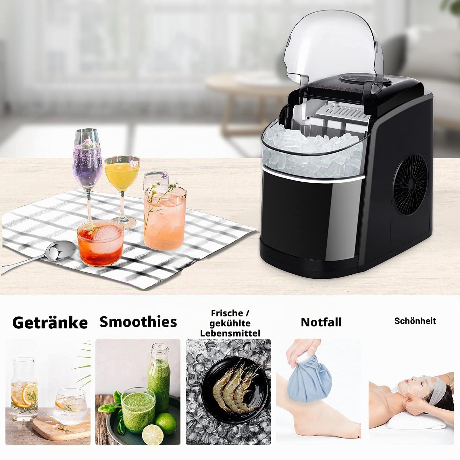 Eiswürfelmaschine Testsieger 12KG Eiswürfelbereiter Ice Maker 6 min Produktionszeit Ice Cube Maker, Eiswürfelmaschinen leise Eiswürfel Maschine mit Selbstreinigungsfunktion, Schwarz (MEHRWEG)