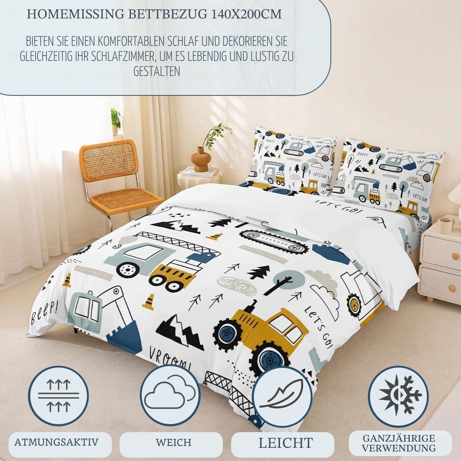 Homemissing Bettwsche-Set, Cartoon-Auto, Bau, 140 x 200 cm, Set fr Kinder, Jungen, Lkw-Ausrstung, Bagger, Traktor, Wei, Gelb