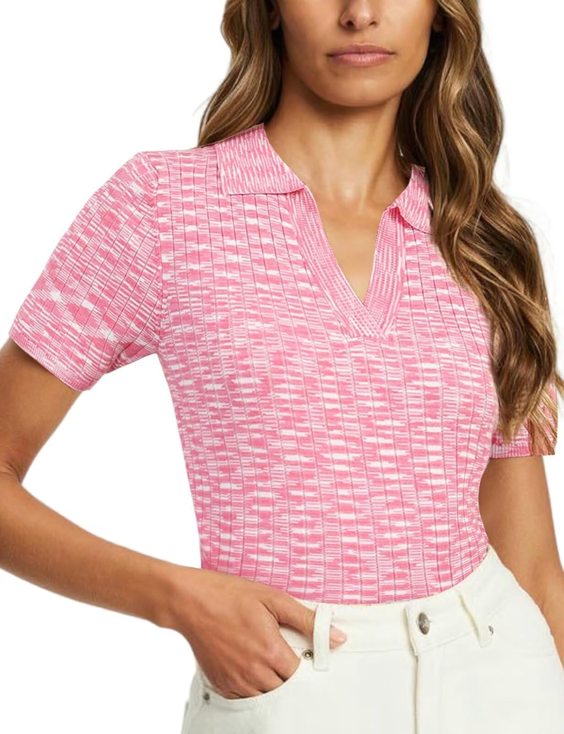 CiCiBird Womens Short Sleeve Polo Sweater Casual V Neck Knit Blouses Ribbed Slim Fit Pullover Tops Pink Medium