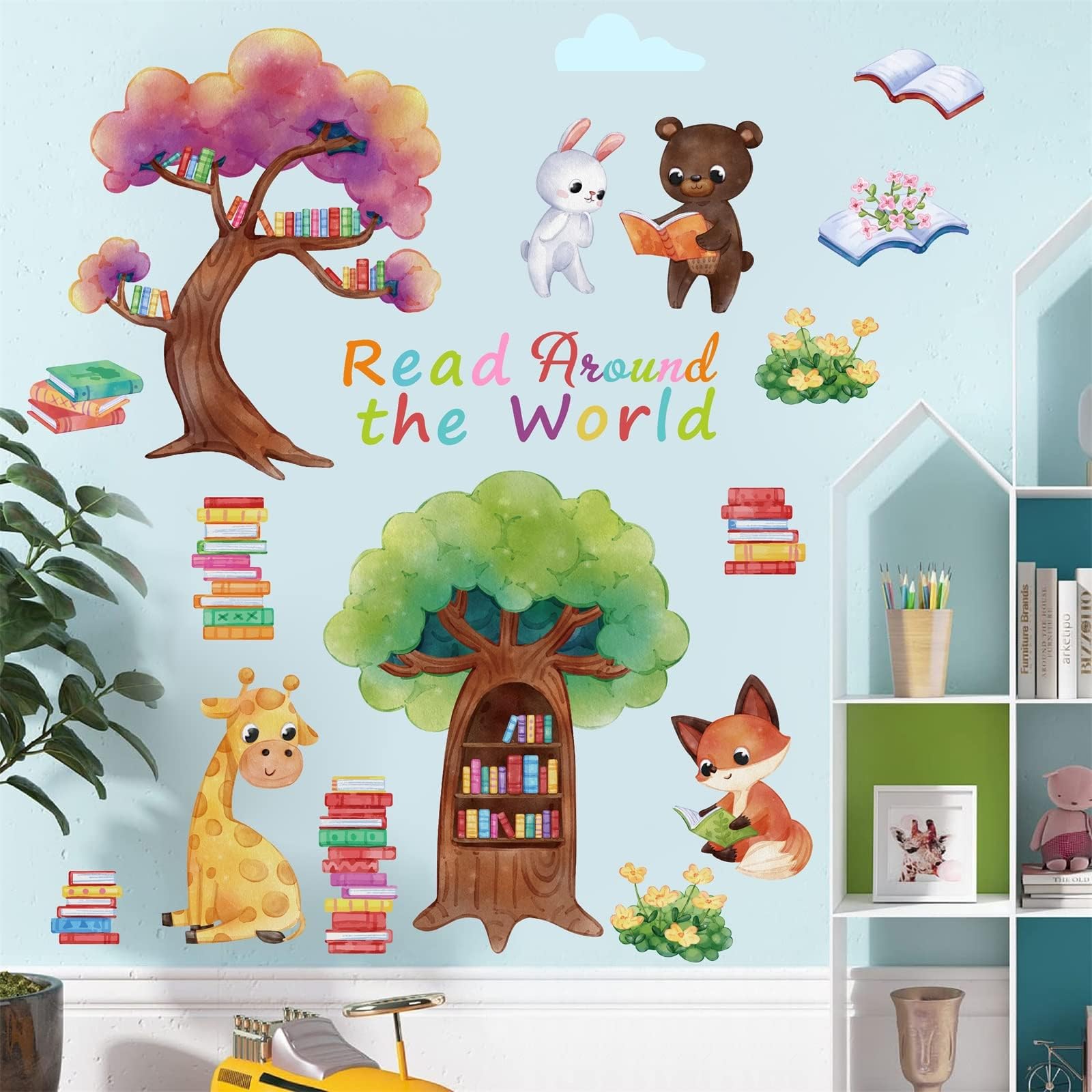 Nursery Wall Decals Decor Reading Animals Tree Wall Stickers Kids Baby