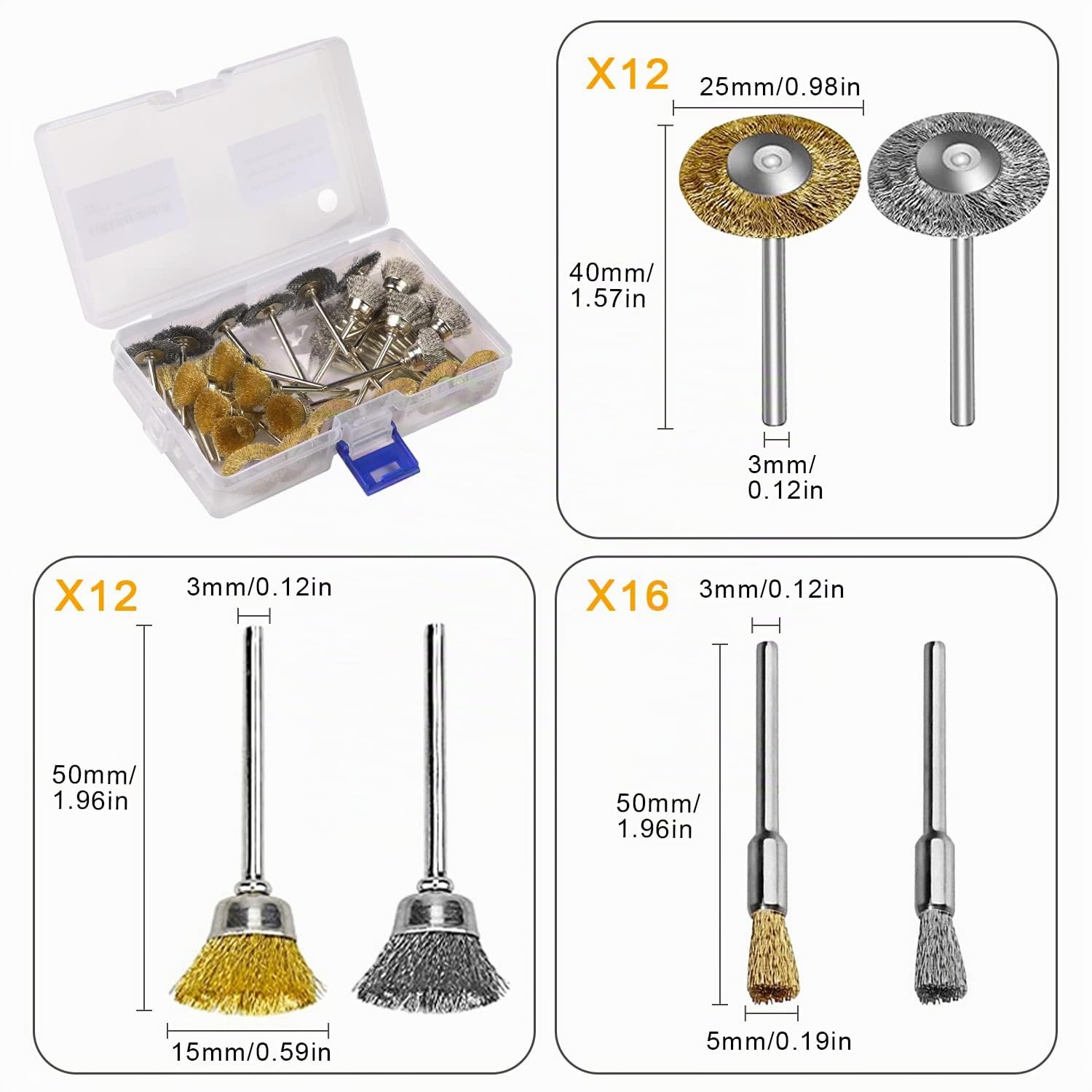 Brosse Metallique pour Perceuse, 40pcs Mini Brosse Métallique en Acier et Laiton pour Dremel Rotatifs Outils, 3 Formes avec Tige 3mm pour Polissage Dérouillage Nettoyage Ponçage