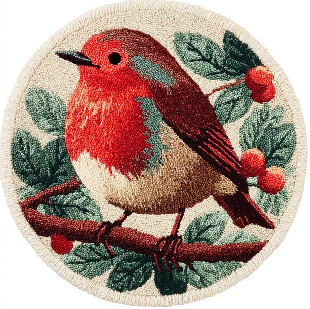 Latch Hook Kits For Adults Kids Robin Perches On A Branch 20X20Inch (50X50Cm) Diy Latch Hook Rug Kit, Home Carpet Rug Making Kit, Cross Stitch Embroidery Kits Needlework Crafts Rug For Home