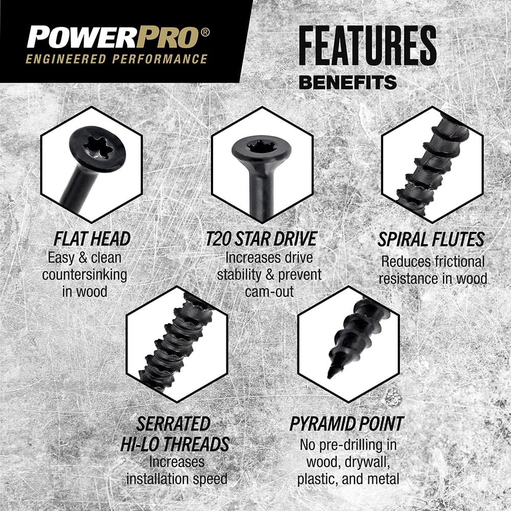 Power Pro ONE Flat Multi-Material Screws, #8 x 2in, 126 Pieces, Black