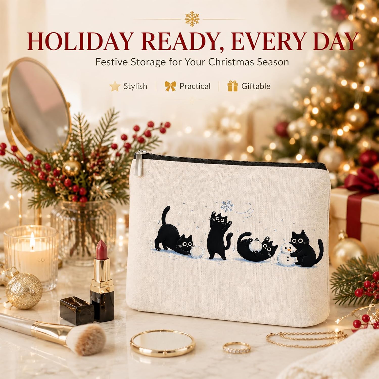 Funny Christmas Black Cat Makeup Bag Gifts for Women Cat Lovers image 2