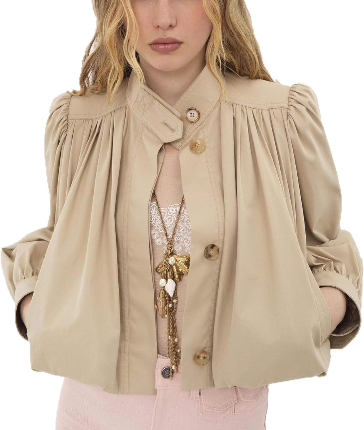 HOULENGS Women's Casual Puff Long Sleeve Cropped Pleated Jacket Fall Fashion Stand Collar Button Down Outerwear with Pockets