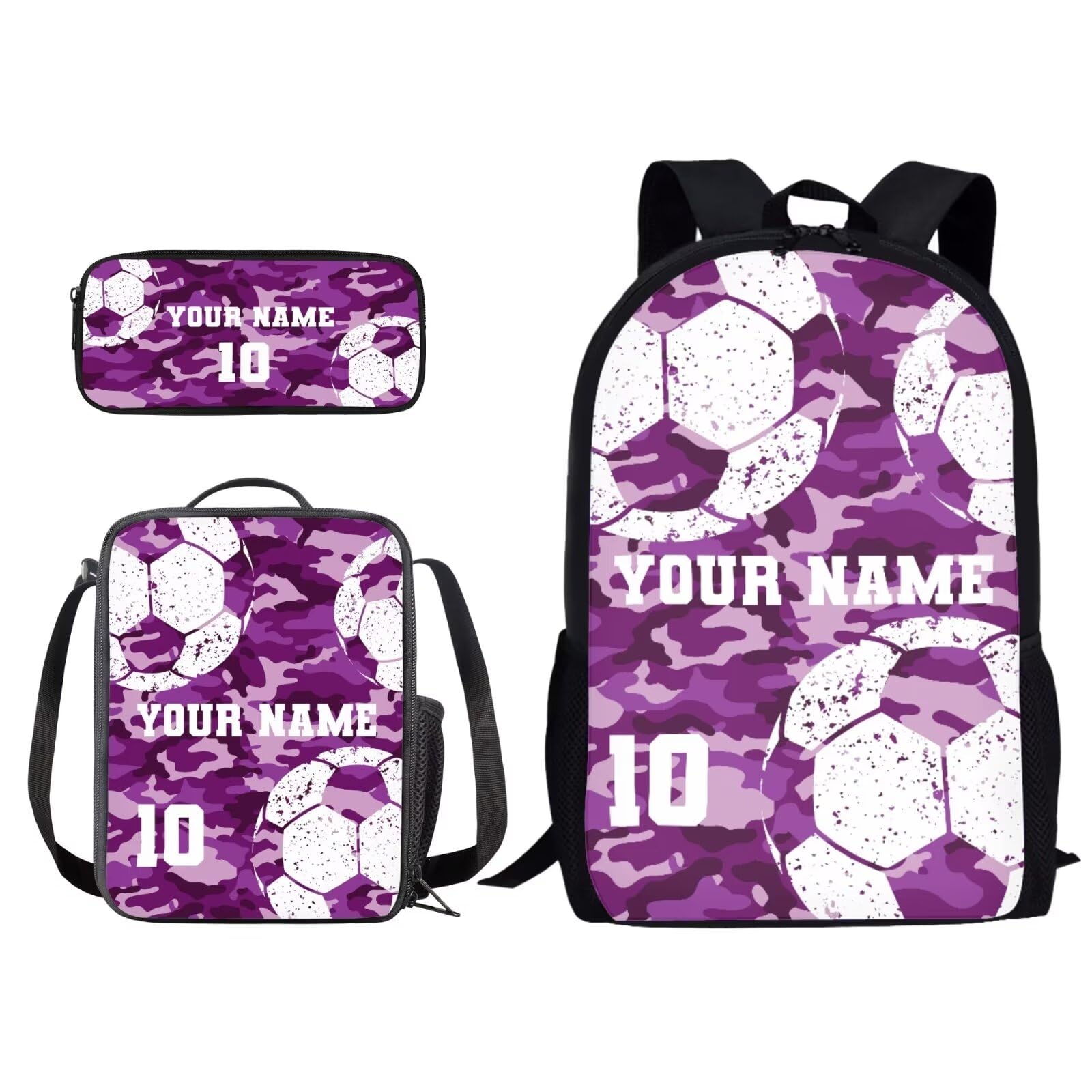 Poceacles Custom Soccer Pattern Kids Backpacks for Middle School Elementary Backpack Set Lunch Bag and Pencil Bag, Kids School Backpack for Teen Girls Boys, Purple Camo Print School Bags Bookbag