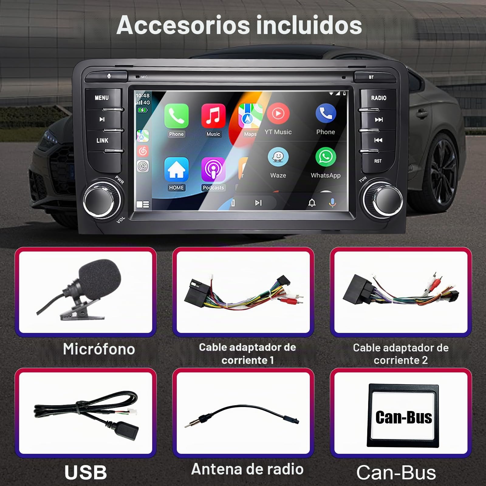 Radio de Coche para Audi A3 2003-2012, S3 2006-2012, RS3 2011-2012 Compatible con Carplay Android Auto, Pantalla táctil de 7 Pulgadas con Radio Bluetooth/FM/Am/USB/DPS/RDS-Energía Alta