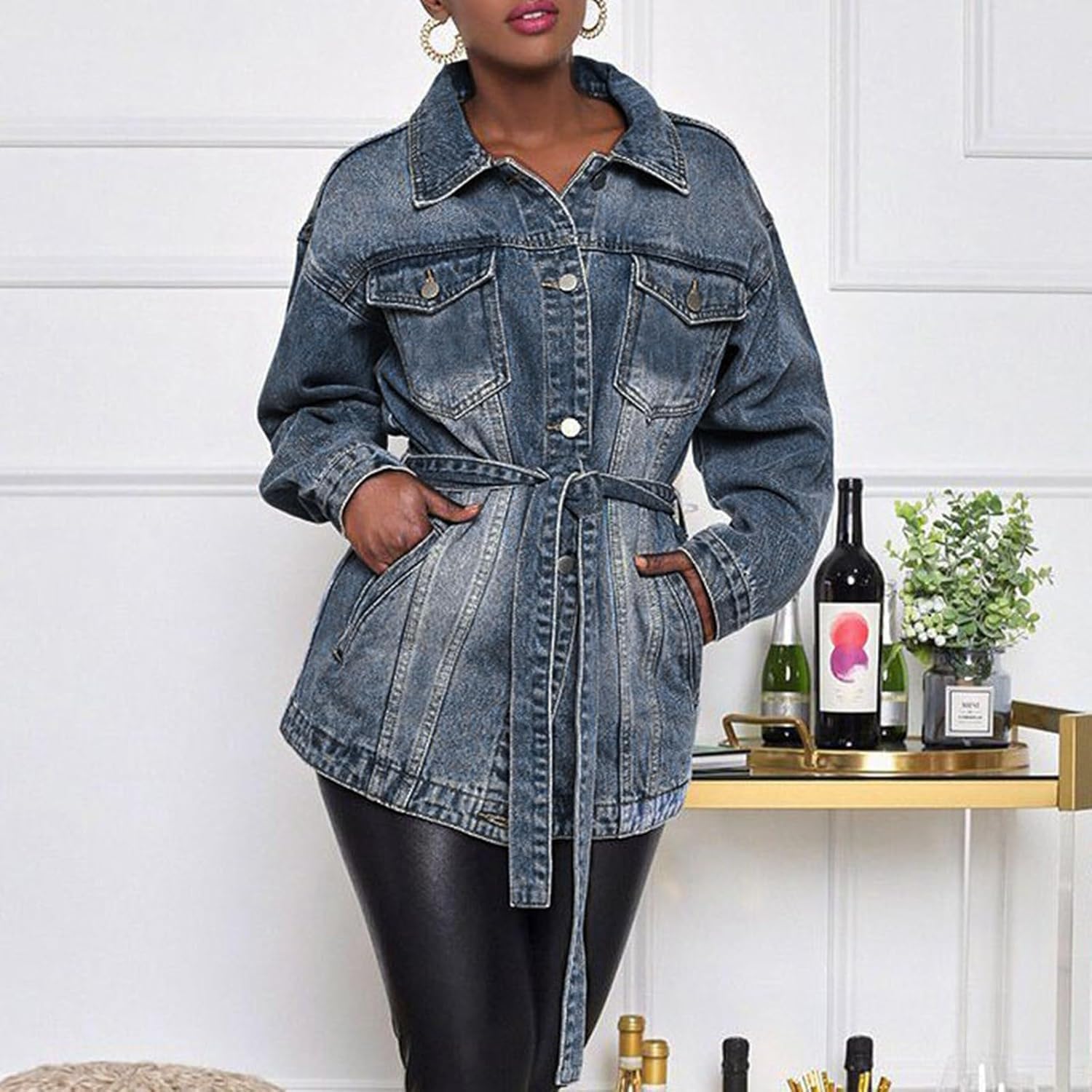 Chaqueta Vaquera Vintage Para Mujer Primavera Botón De Longitud Media Manga Larga Solapa Chaqueta Vaquera Con Bolsillos Moda Slim Fit Ropa De Abrigo De Mezclilla Informal