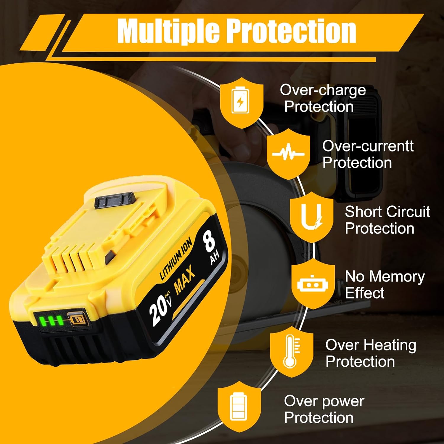 6 Pack 8.0Ah Lithium Battery Replacement for Dewalt 20V Battery Compatible with Dewalt 20V Battery DCB200 DCB203 DCB204 DCB206 DCB202 DCB210 Series Power Tools - Image 5