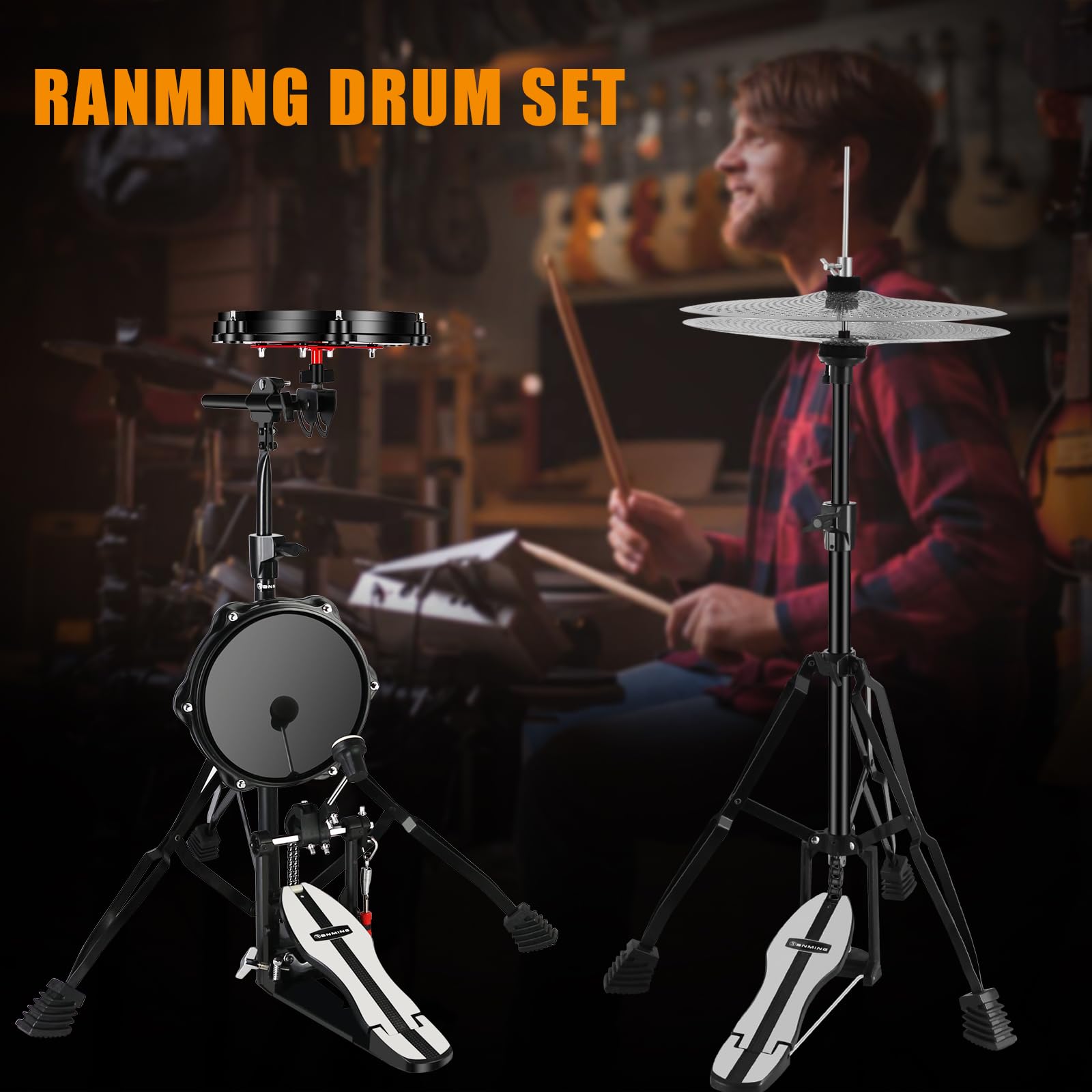 RANMING Übungstrommel-Pad-Ständer-Set, leises Schlagzeug-Pad-Set, Übungsset mit 1 Bassdrum-Pedal, Hi-Hat-Pedal, 2 Drum-Ständer, 35,6 cm leises Becken, Dumb Drums für Anfänger und Erwachsene, Schwarz