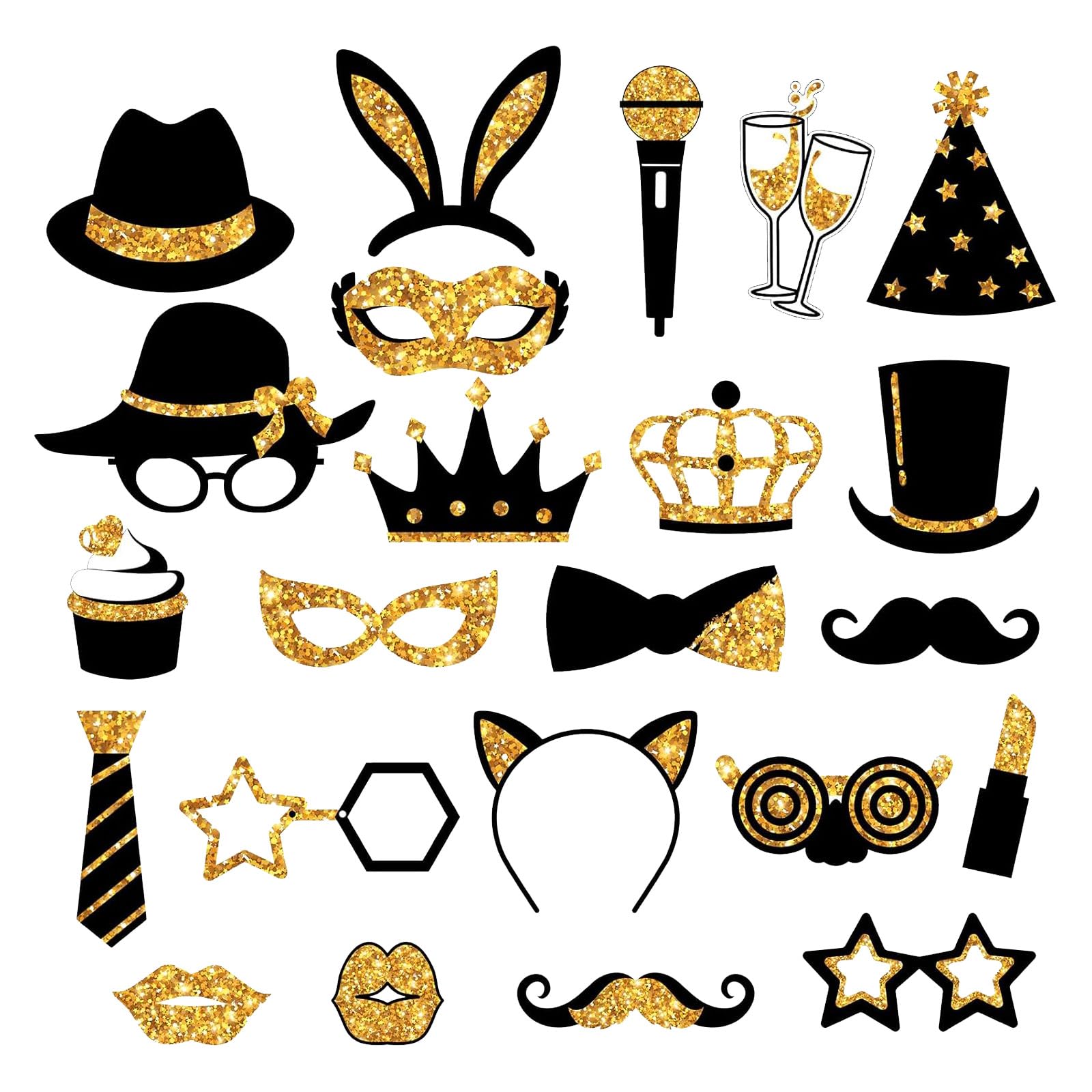 Gdrghe 23Pcs Black Gold Photo Booth Props Funny Party Photobooth Props for Birthday Wedding Adults Decorations，Bring Some Fun to Your Party