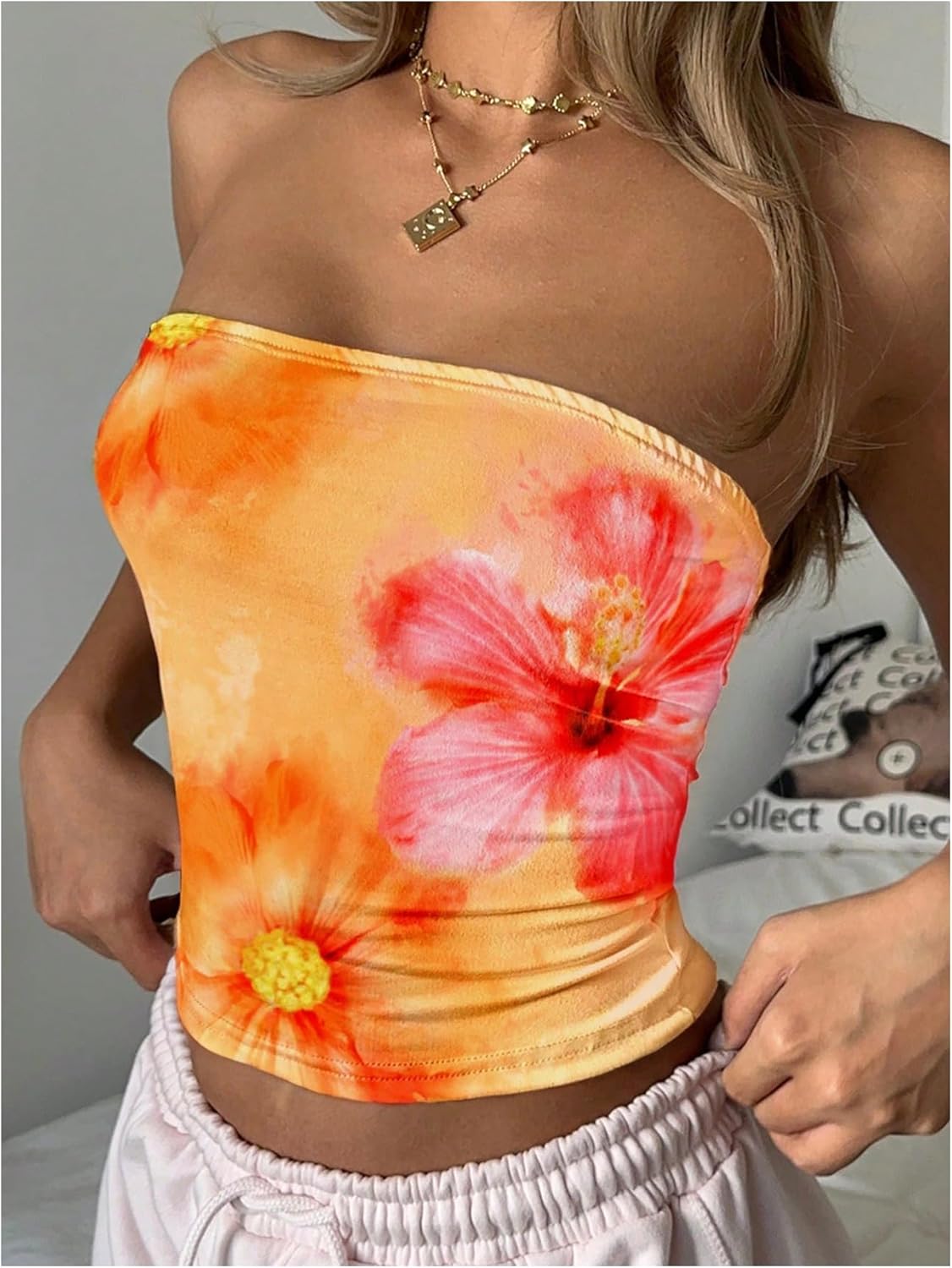 Floerns Women's Sleeveless Bandeau Floral Print Strapless Summer Cropped Going Out Tube Top - Image 2