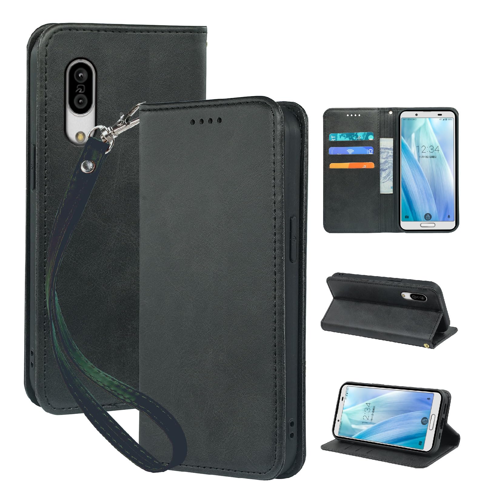seninhi 対応 AQUOS sense 3 / sense3lite/sense3 basic 用の ケース 手帳型 SH-02M / SHV45 / SH-RM12 スマホケース Android One S7 職人仕様 手縫い革ケース スタンド機能付き 財布型 耐衝撃 カード収納 レザー 多機能 ベルトループ付き‌ おしゃれ 携帯カバー ブラック XNWSEN3PG