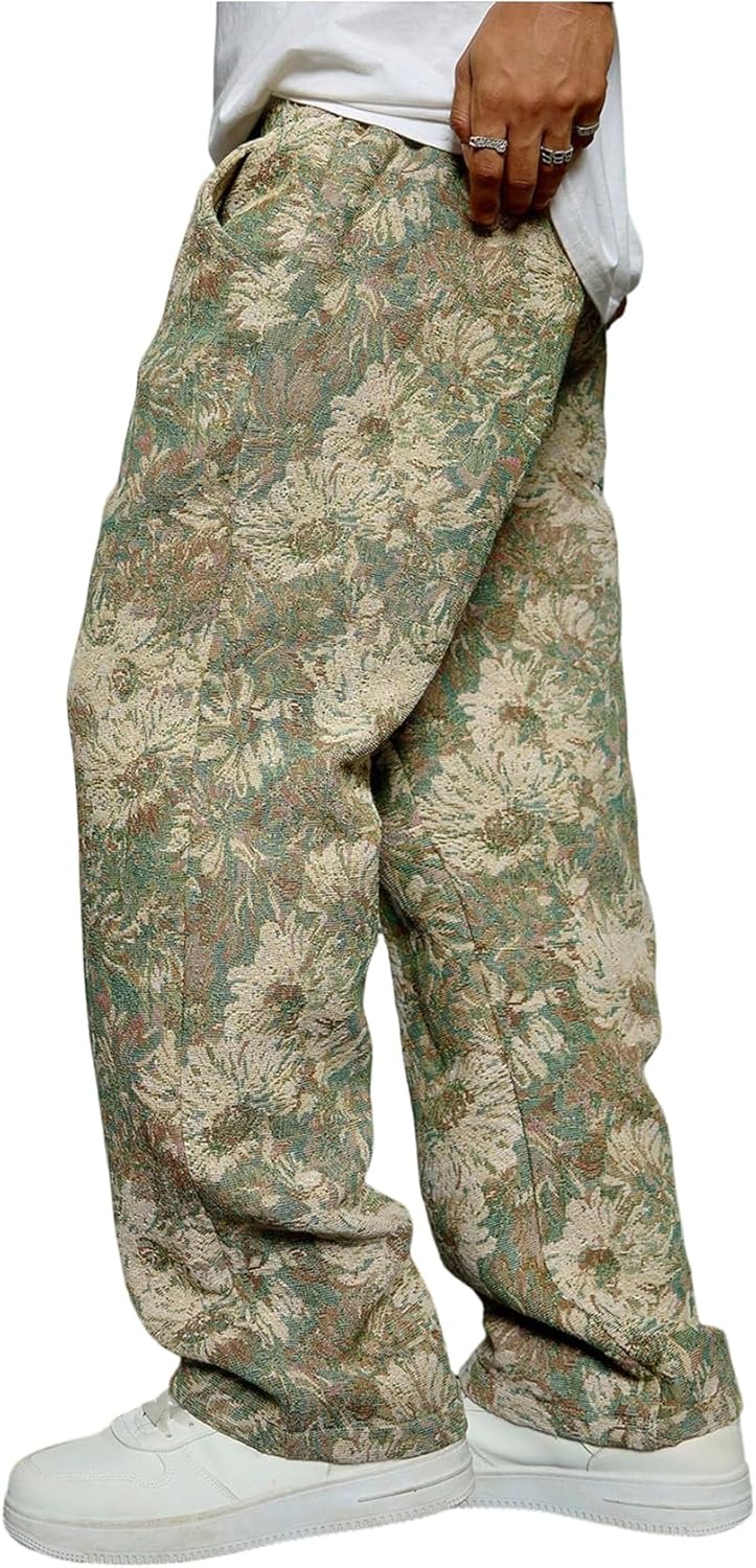 BEAUDRM Men's Floral Pants Vintage Boho Pant Hippie Drawstring Waist Vacation Straight Leg Trousers with Pockets Streetwear