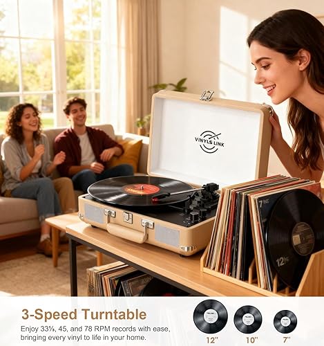 Miniatura 4 de VINYLSLINK - Tocadiscos de vinilo Bluetooth con ajuste de agudos y graves, maleta giratoria portátil vintage con altavoces integrados, transmisión