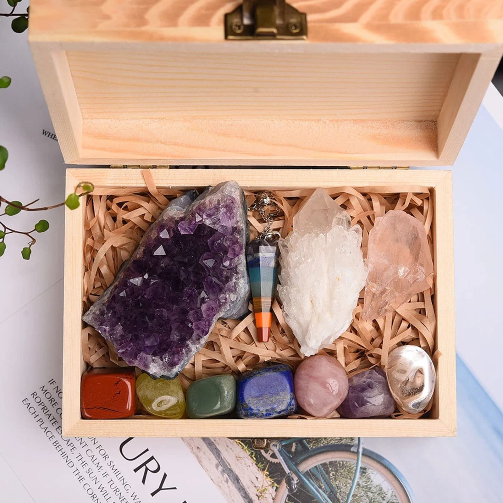 11-teiliges Heilkristall-Set, Chakra-Kristalle-Set, Amethyst-Cluster/Chakra-Pendel/Klarer Quarz-Cluster/Rosenquarz/Chakren-Trommelsteine ​​in Geschenkbox aus Holz, Heilung und Meditation