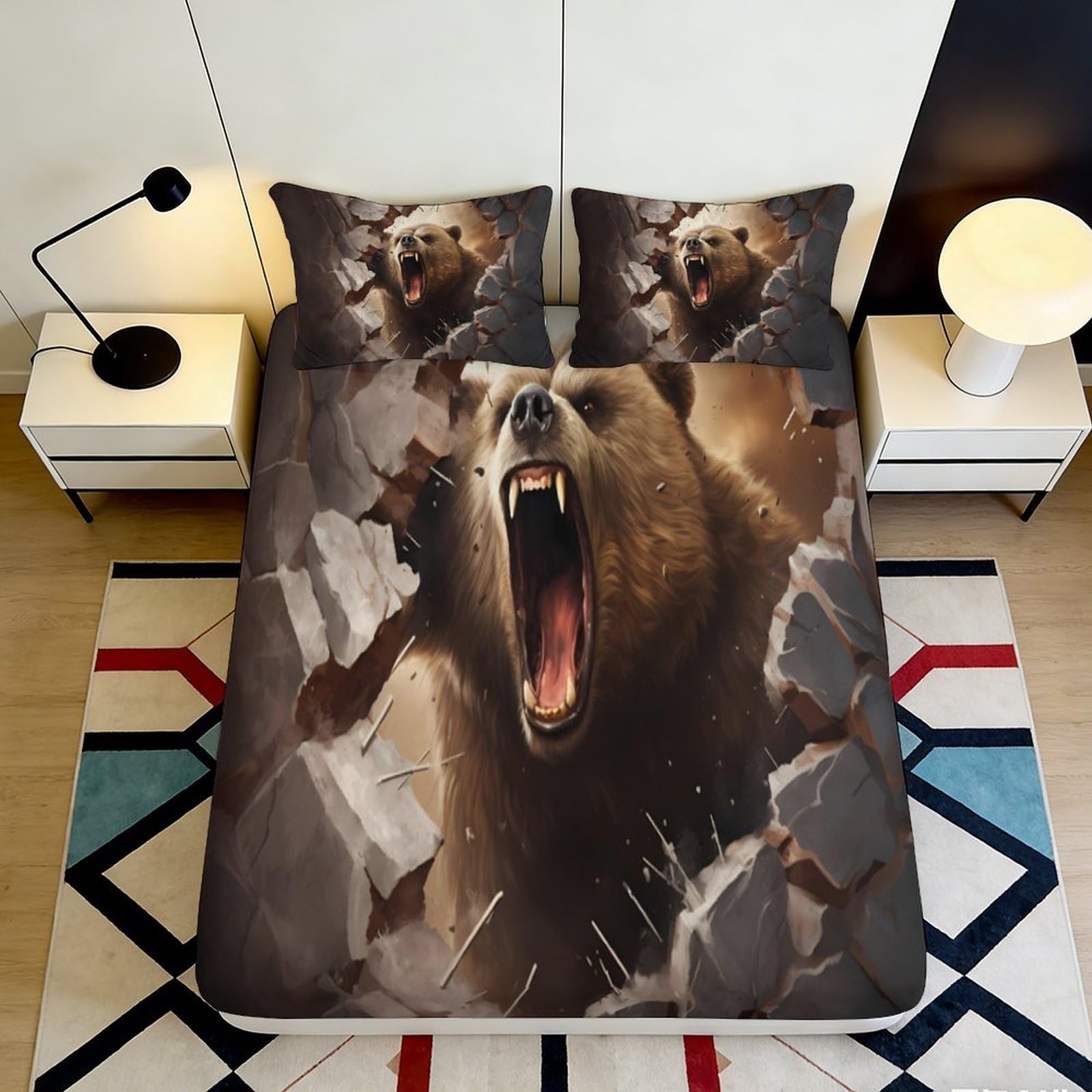 3D Printed Roaring Bear Fitted Sheet Microfiber Durable Soft Breathable Cracked Wall Bed Cover for Bedroom Dormitory Guest Room Mattress Protection 200x200x25cm