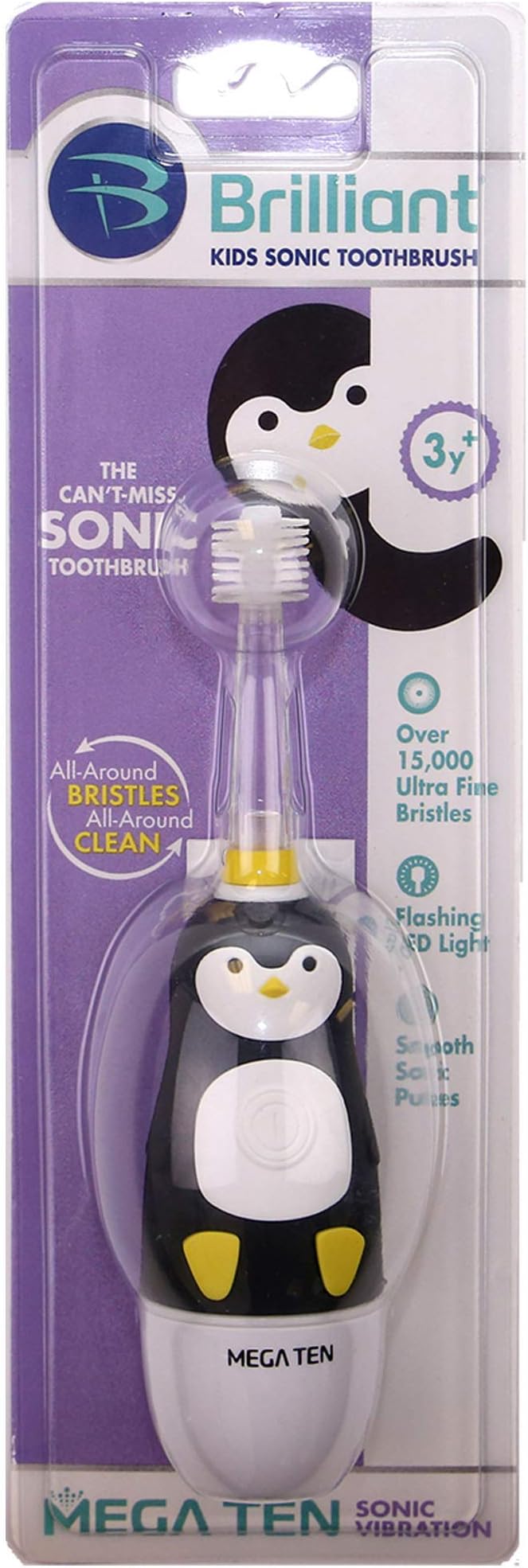 Brilliant Kids Sonic Toothbrush Penguin With Sonic Waves And LED Light Timer For Children Age 3 And Up, Microfiber Soft Bristles, Brush Head Electric Tooth Brush, Childrens Toothbrush - 1 Count