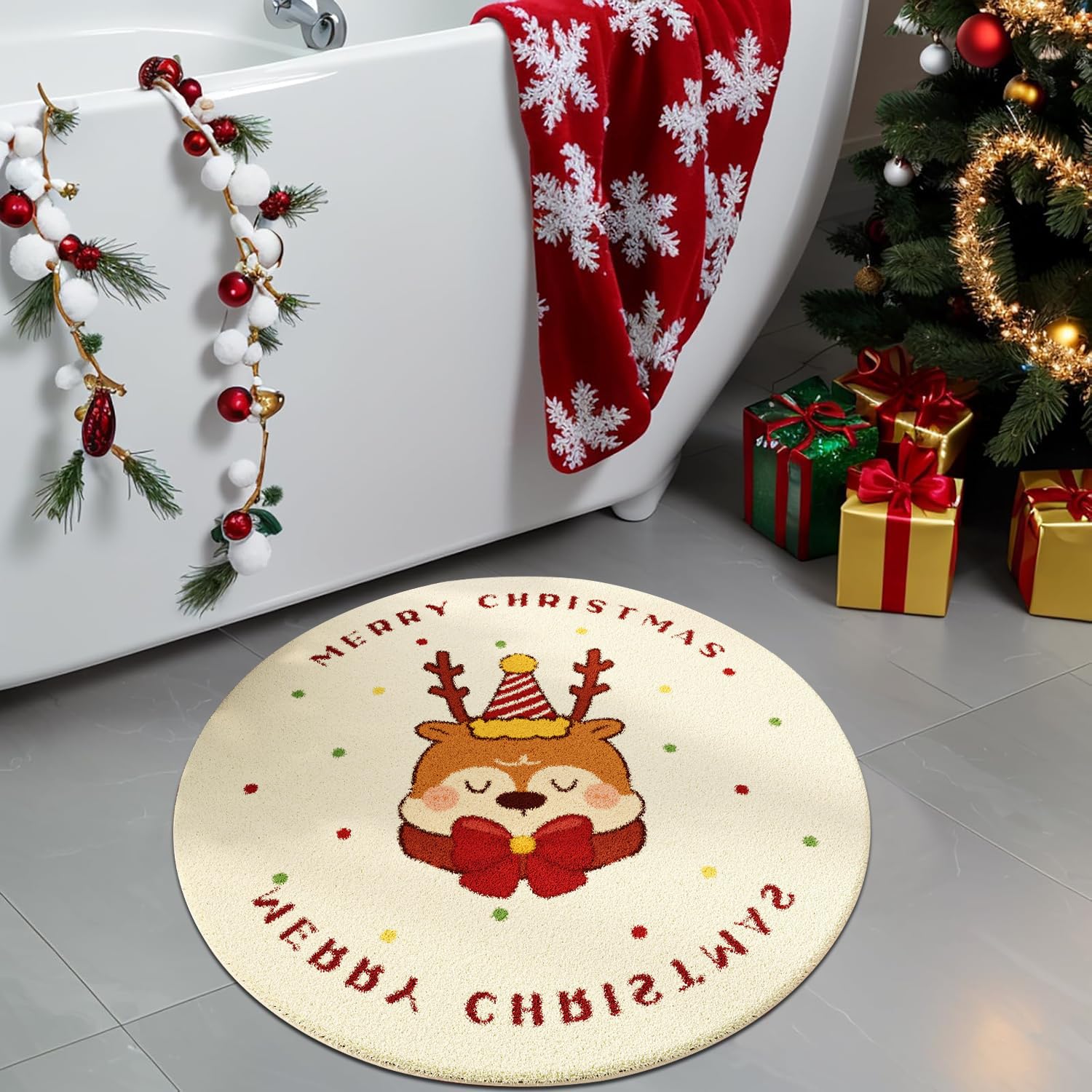 Alfombras Pequeñas Navideñas Blanco,Alfombras Salon Modernas Antideslizante Navideña,Alfombra Chimenea de Decoración Invierno,Alfombra Navidad Redonda para Salón Entrada Comedor Baño,D,140cm
