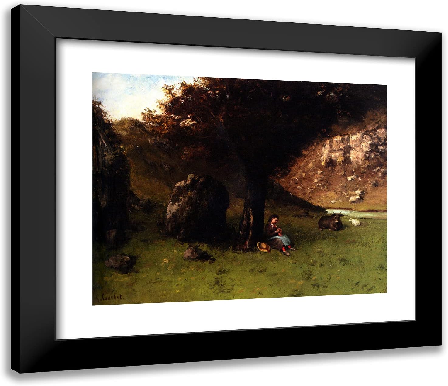 ArtDirect Courbet, Gustave 23x20 Gold Ornate Framed Art Print with Double Matting Titled: The Young Shepherdess