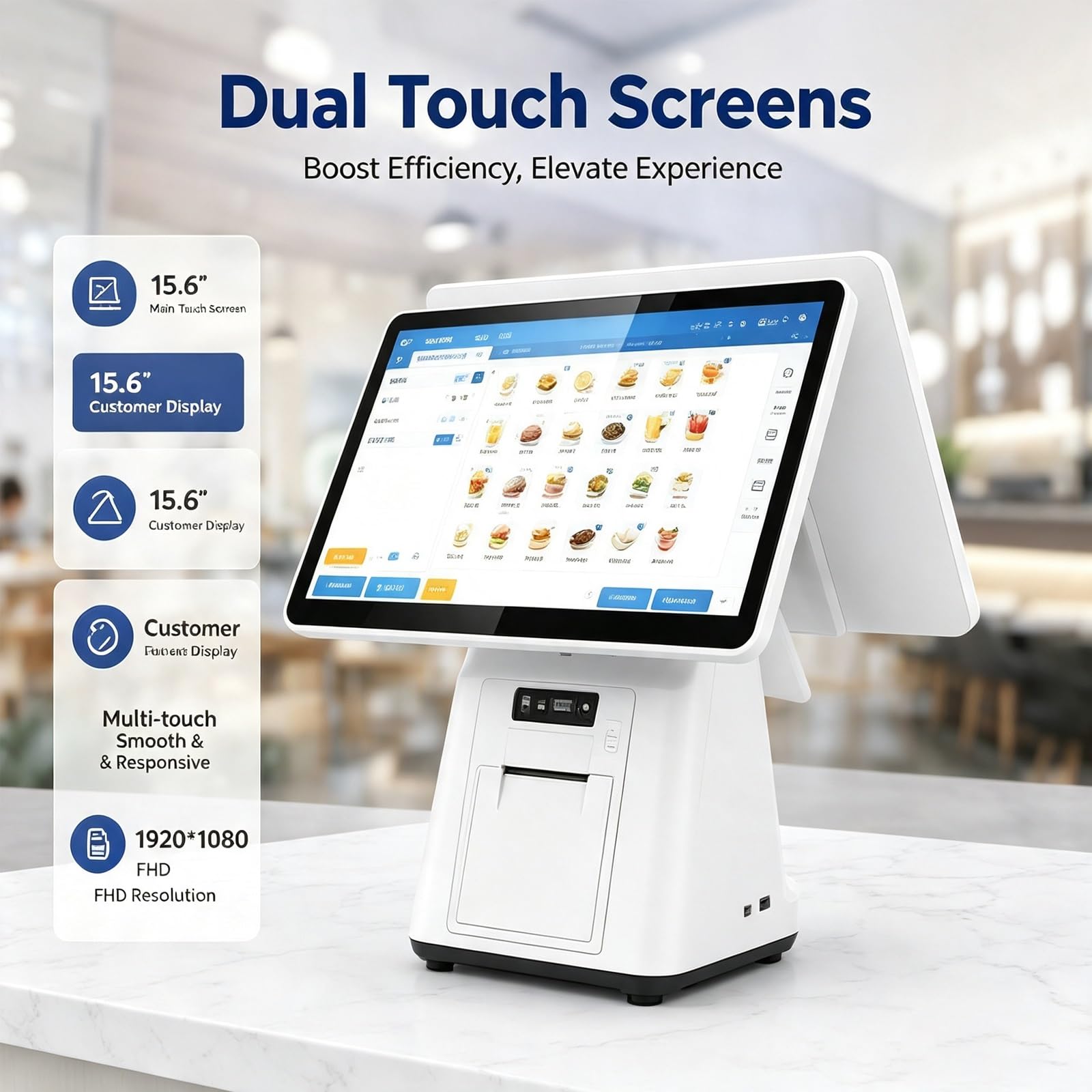 TPV para Pequeñas Empresas, TPV Inteligente Multifuncional | 15.6" Pantalla Táctil, 8GB RAM, 128GB SSD, Soporte Multi-Ángulo, para Tiendas de Alimentos(Single screen)