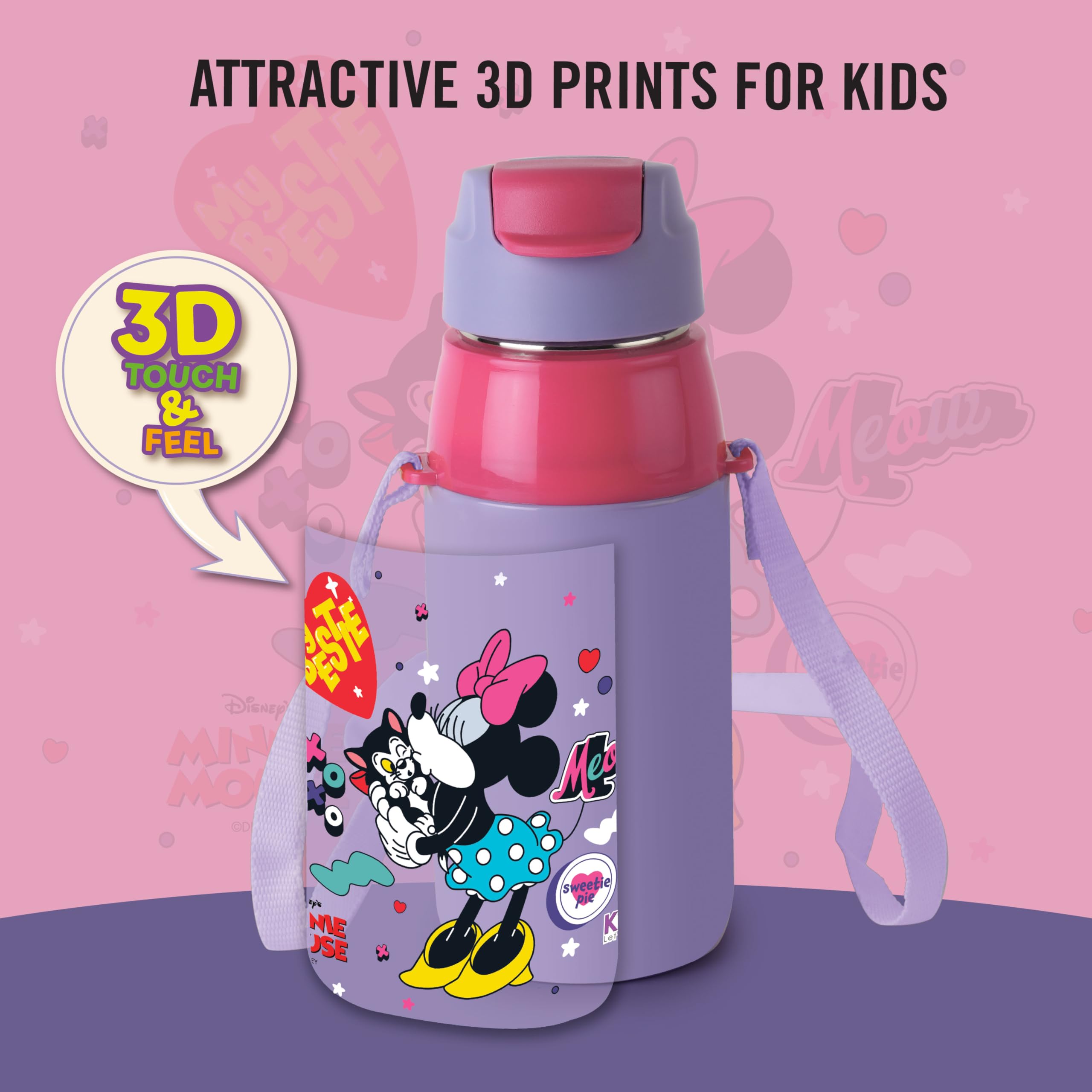 CELLO Kidzbee Era 400 Insulated Kids Water Bottle 400 ml, Lavender | 3D Touch & Feel Cuddle Buddies Design One Hand Grip Lightweight Leakproof Easy Sip Flip Cap Insulated Water Bottle for School Kids — Amazon image 4