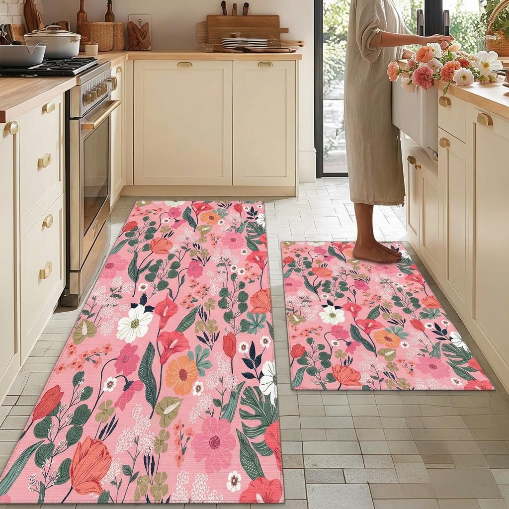 WQMMD Machine Washable Runner Pink Rug 80x200cm Area Rug for Hallway, Bedside,Kitchen,Kids Room,Bedroom,Entryway Non-Slip Floral Carpet, Modern Boho Floor Mat for Home Decor โ image 1