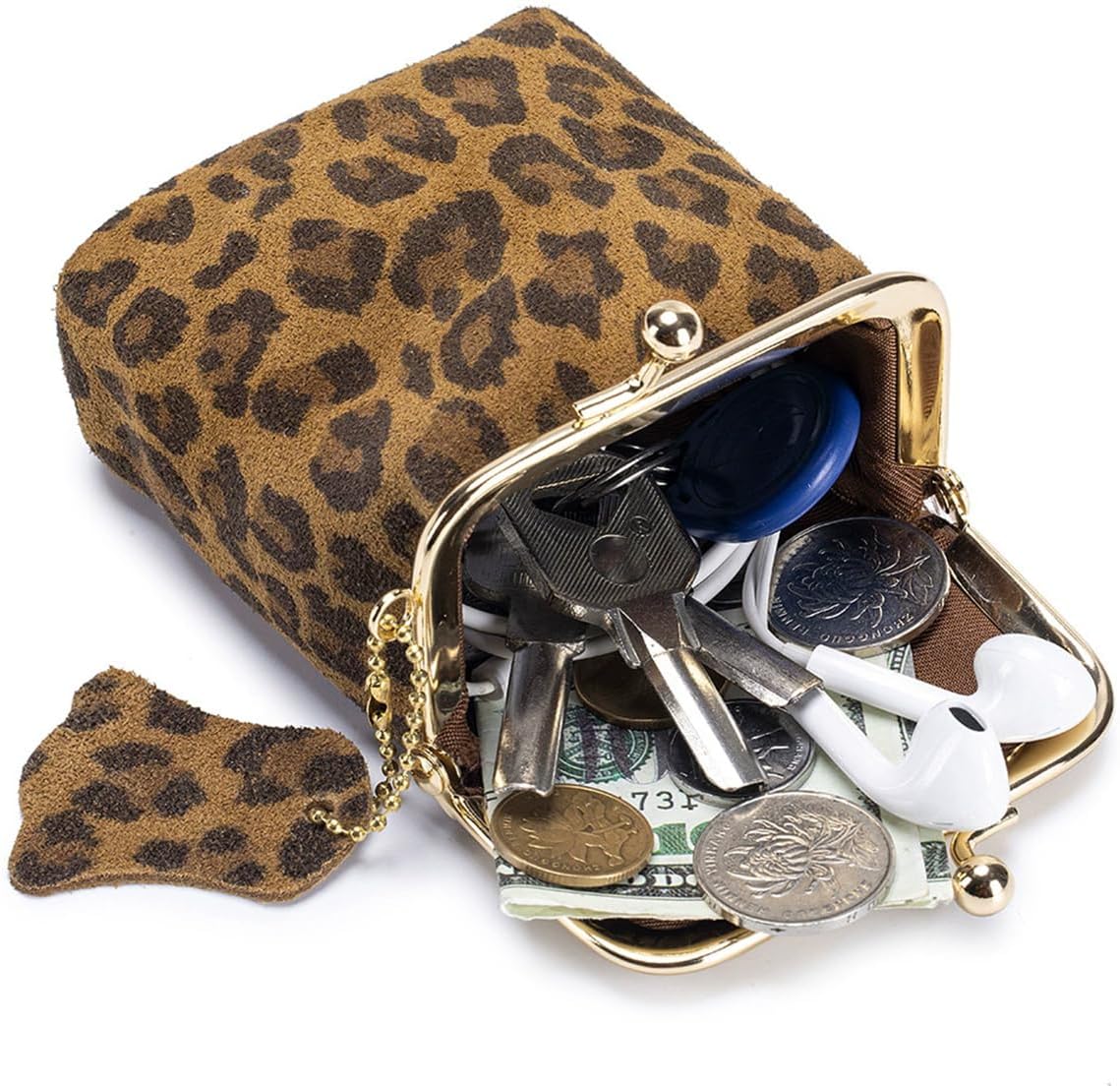 Leopard Print Split Leather Coin Purse, Kiss-Clasp Closure, Small Wallet with Gold Chain, Key and Card Storage Bag
