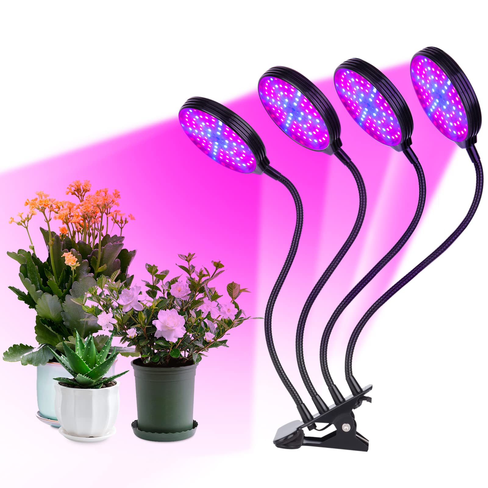 Irfora LED Grow Light para plantas de interior, 60 W, 4 cabezales de LED rojos y azules, encendido y apagado automático con temporizador de 4/8/12H, 3 modos de luz, 5 niveles de brillo, IP66,