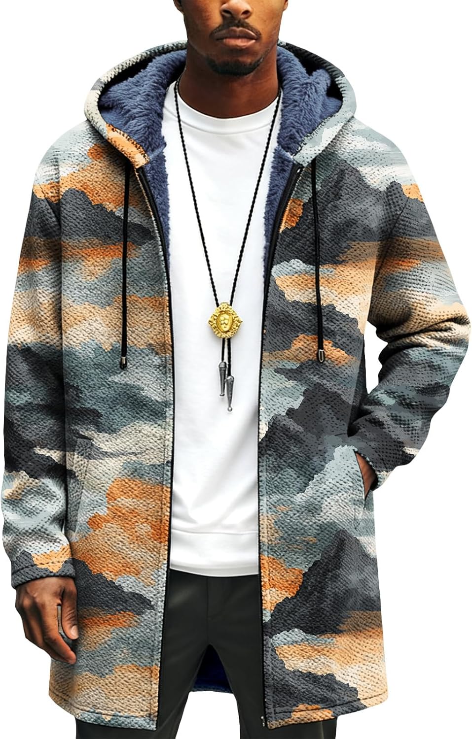 Xernbit Japanese Graphic Fleece Long Jacket for Men Fall Winter Fashion Zip Up Hooded Coat Casual Warm Daily Wear