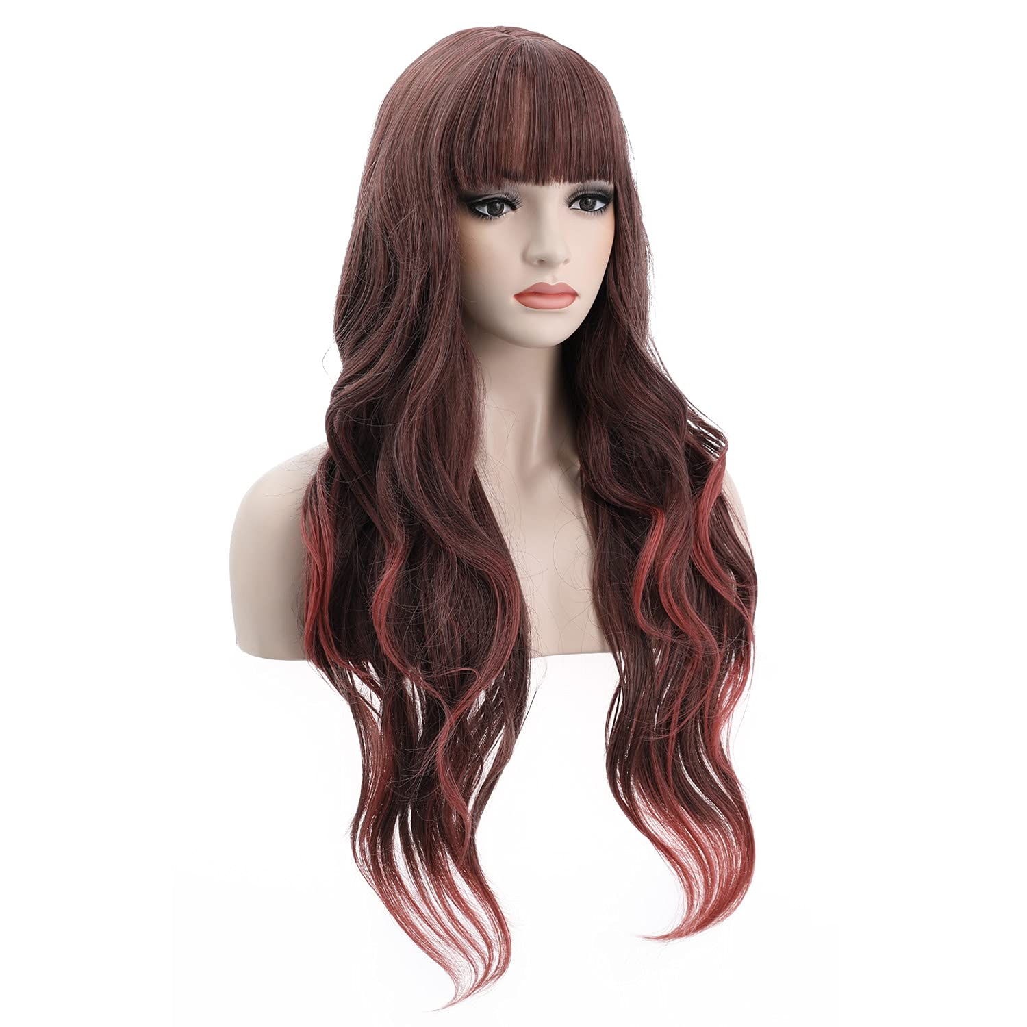 26 Inches Purple Wig with Bangs Long Curly Wavy Hair Wigs Heat Friendly Synthetic Cosplay Costume Party Wigs (Purple) - Image 2
