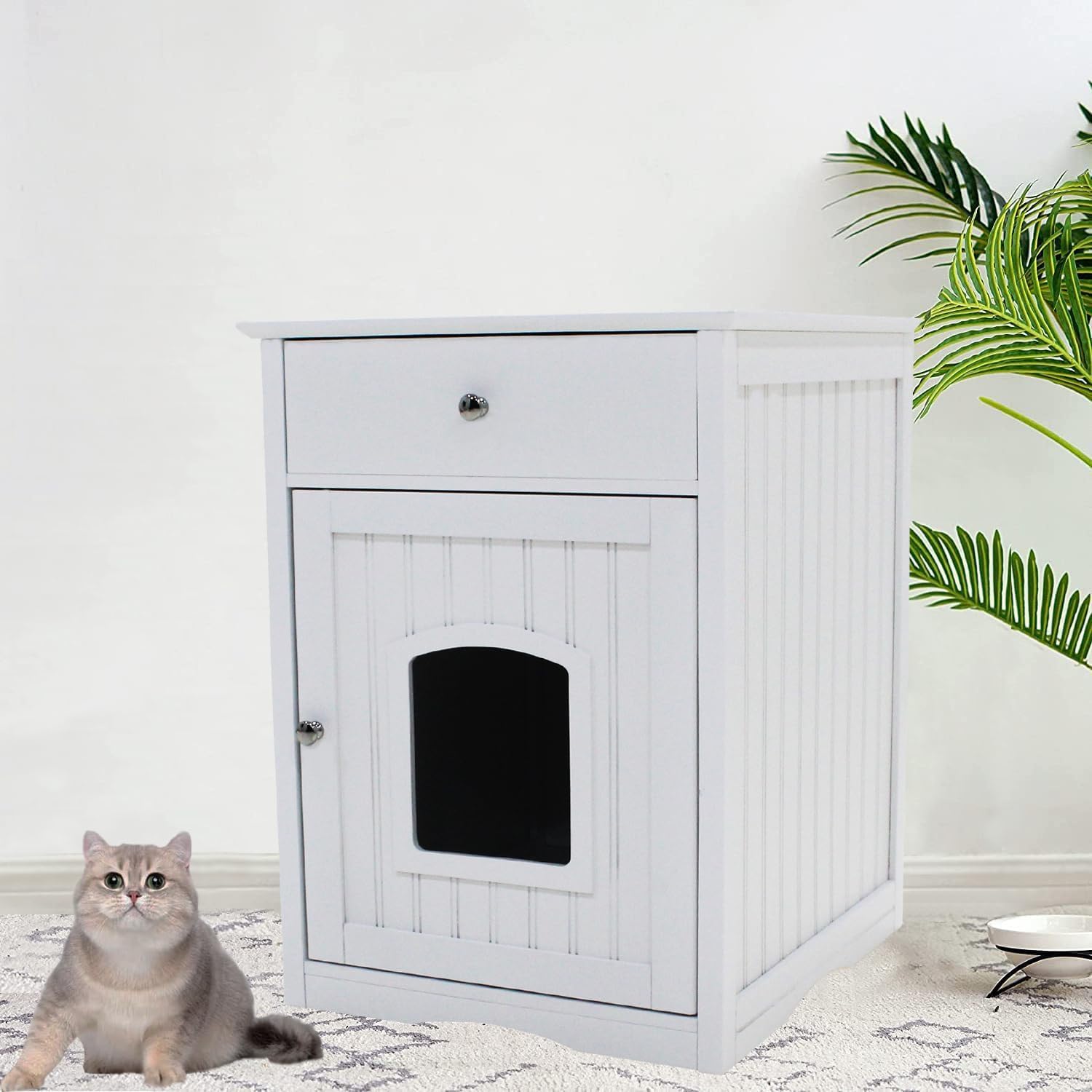 Cat Litter Box Enclosure, Hidden Litter Box Furniture Cabinet, Indoor Cat House Side Table, Large Pet Crate Nightstand, Kitty Litter Box Loo Washroom (White)